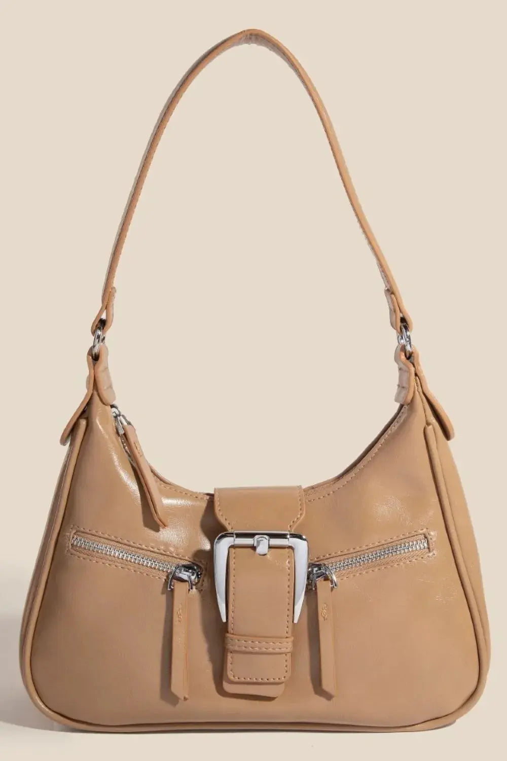 Fame Tan Large Buckle Triple Zipper Faux Leather Shoulder Handbag