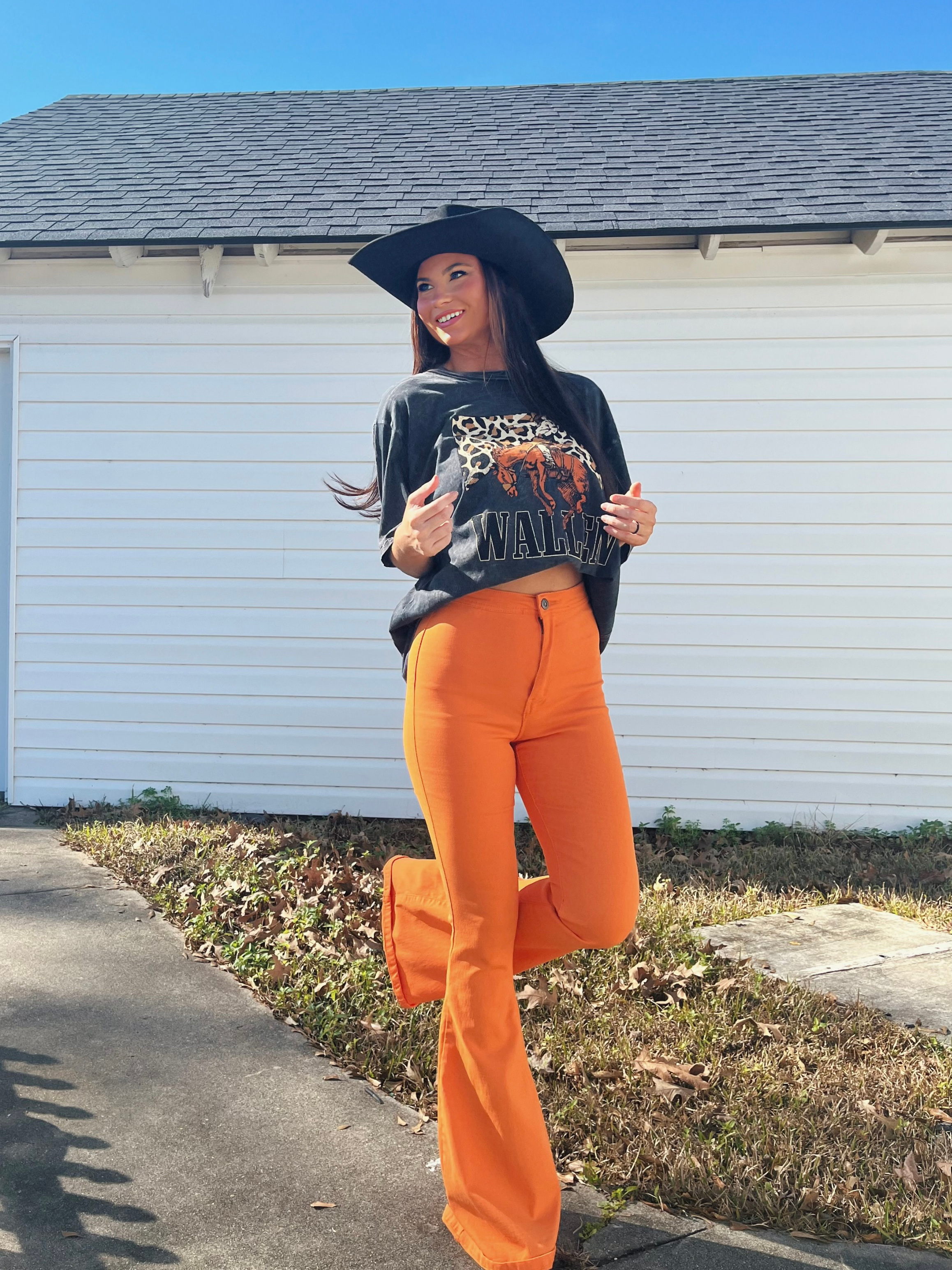 Fiona High Waisted Bell Bottom Flare Jeans - Orange
