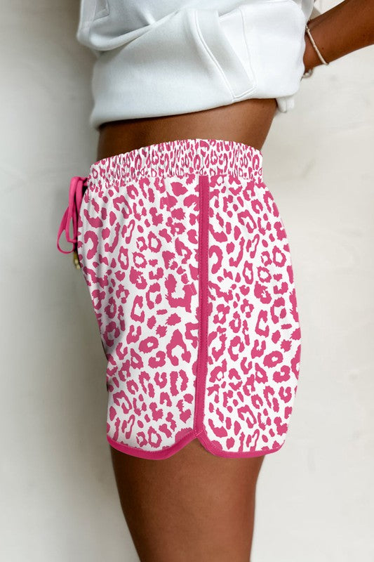 Leopard Elastic Waist Lace up Contrast Trim Shorts