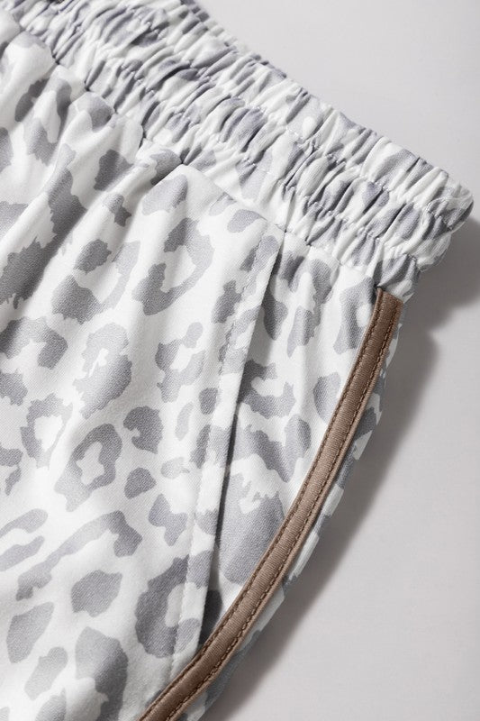 Leopard Elastic Waist Lace up Contrast Trim Shorts