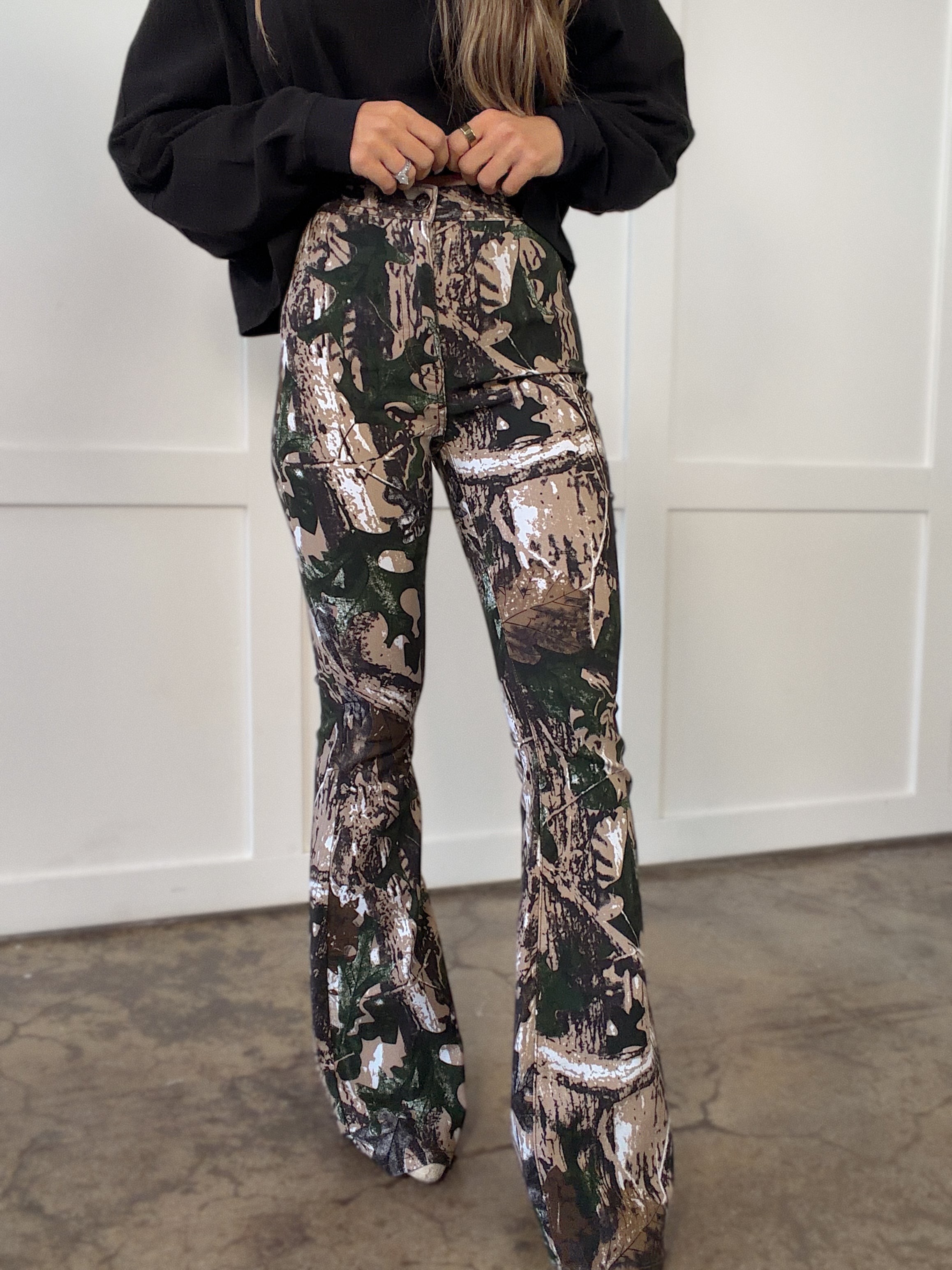 Fiona High Waisted Bell Bottom Flare Jeans - Woodland Green Camo