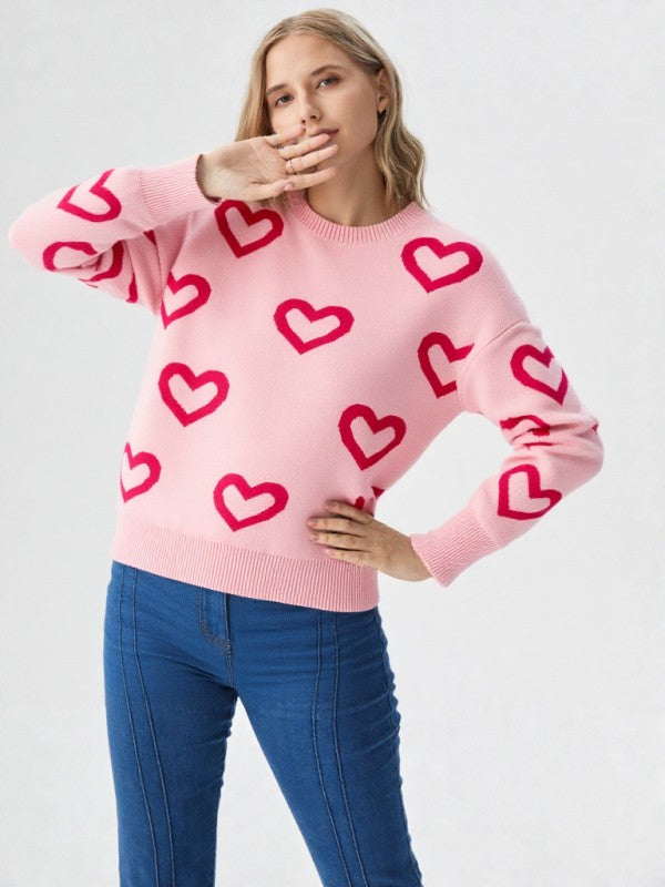 Miss Sparkling |Heart Print Pullover Sweater