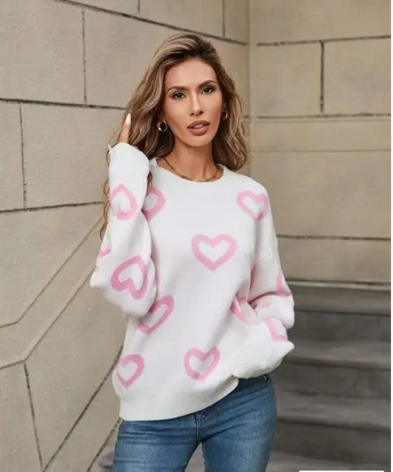 Miss Sparkling |Heart Print Pullover Sweater