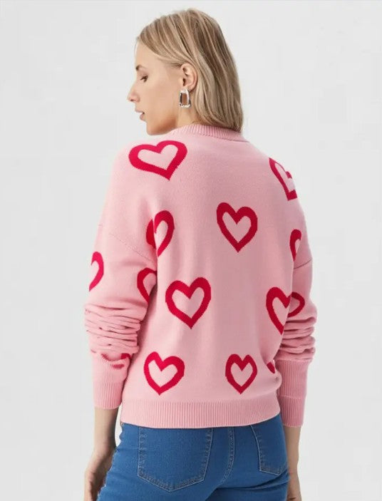 Miss Sparkling |Heart Print Pullover Sweater