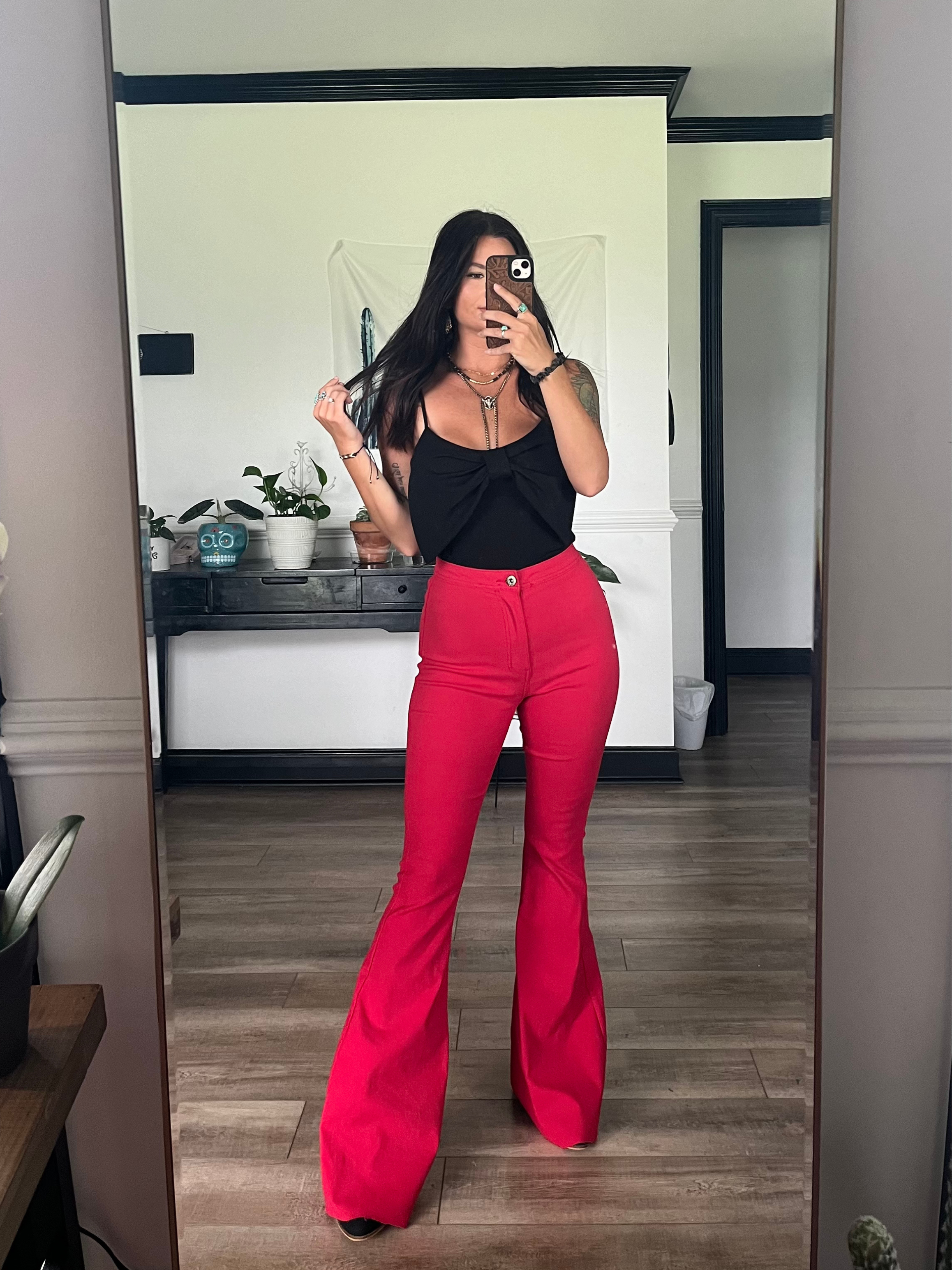 Fiona High Waisted Bell Bottom Flare Jeans - Red
