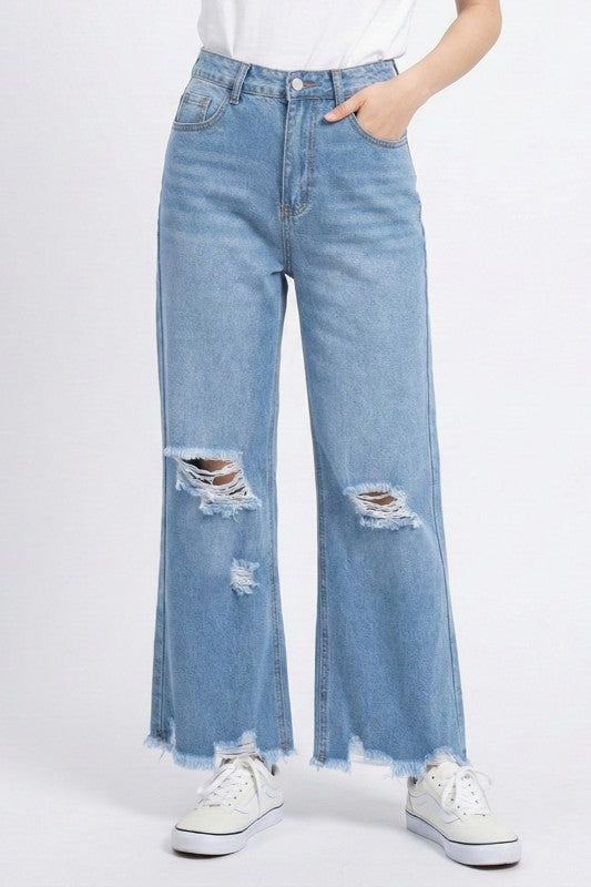 High-Rise Distressed Wide-Leg Jeans