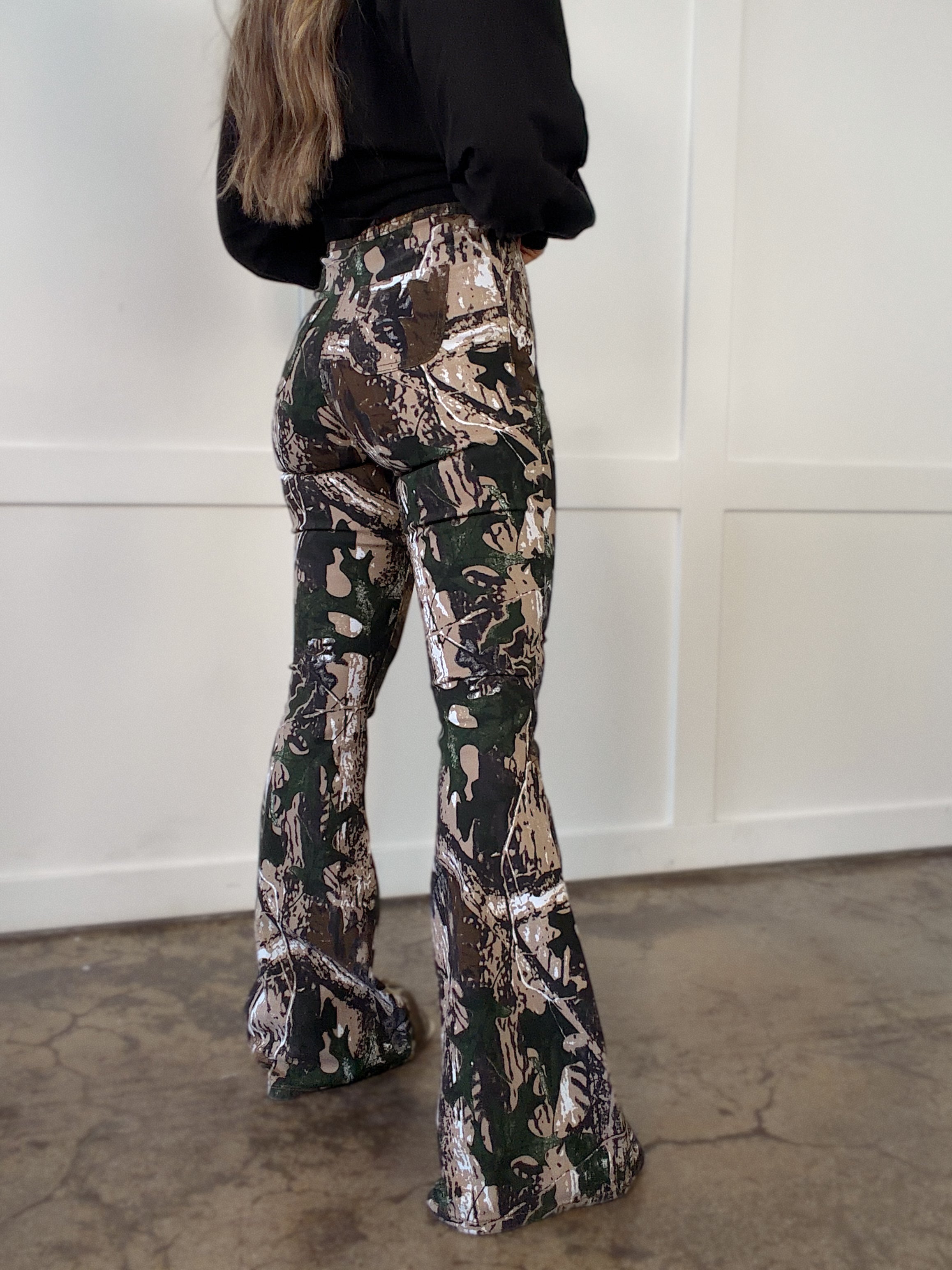 Fiona High Waisted Bell Bottom Flare Jeans - Woodland Green Camo