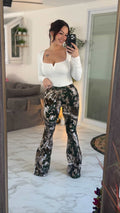 Fiona High Waisted Bell Bottom Flare Jeans - Woodland Green Camo