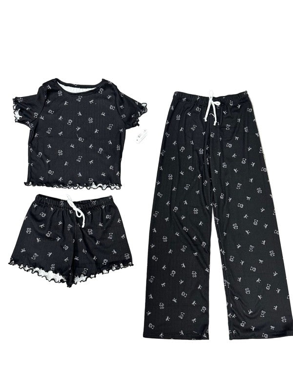 Girls Printed Lounge 3 Pc Short Sleeve Top Pants a