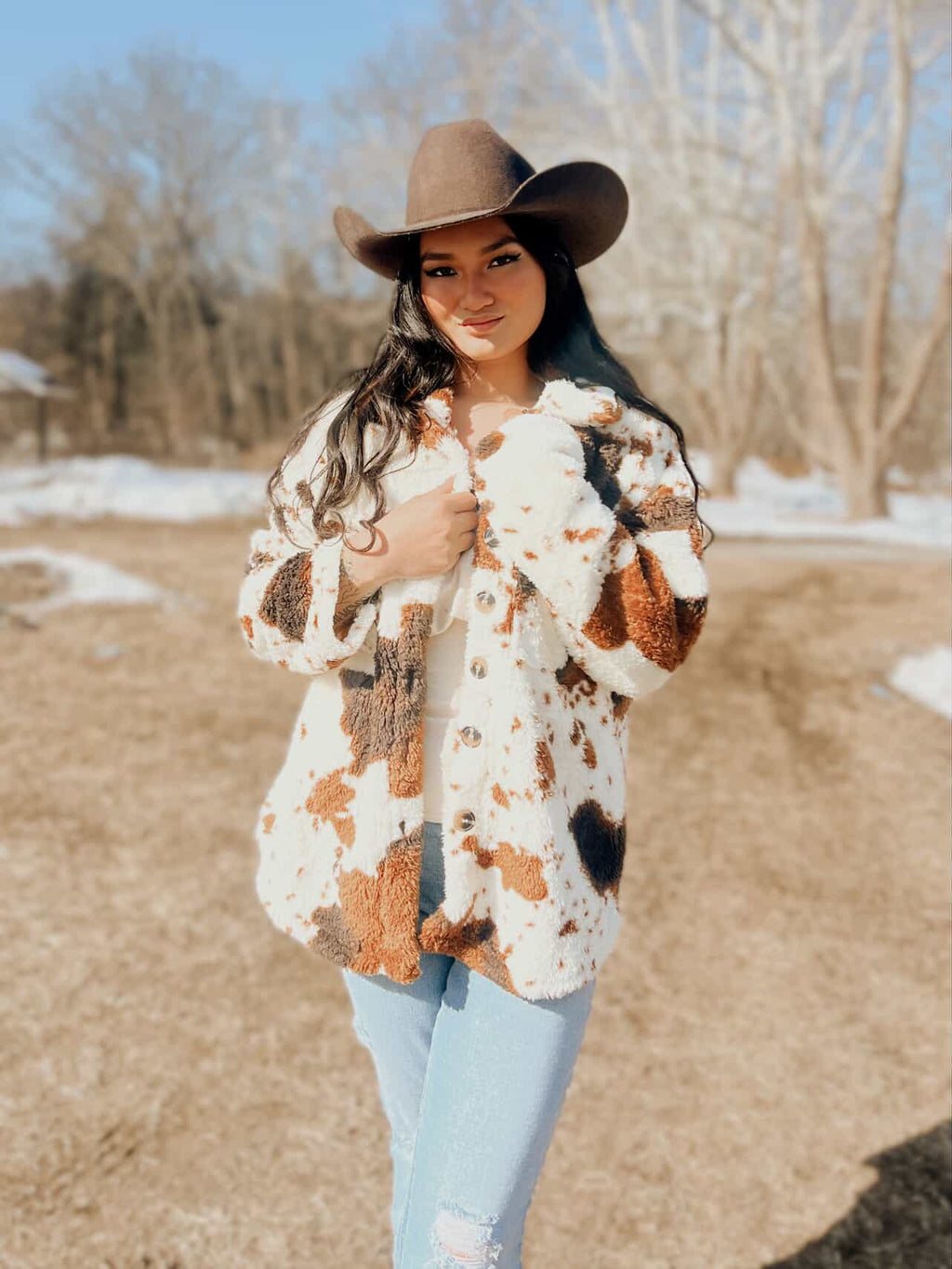 Miss Sparkling |Cow Print Sherpa Jacket