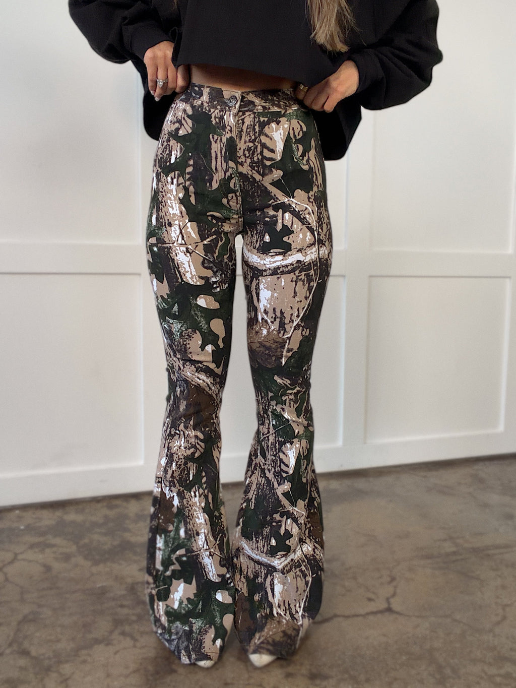 Fiona High Waisted Bell Bottom Flare Jeans - Woodland Green Camo