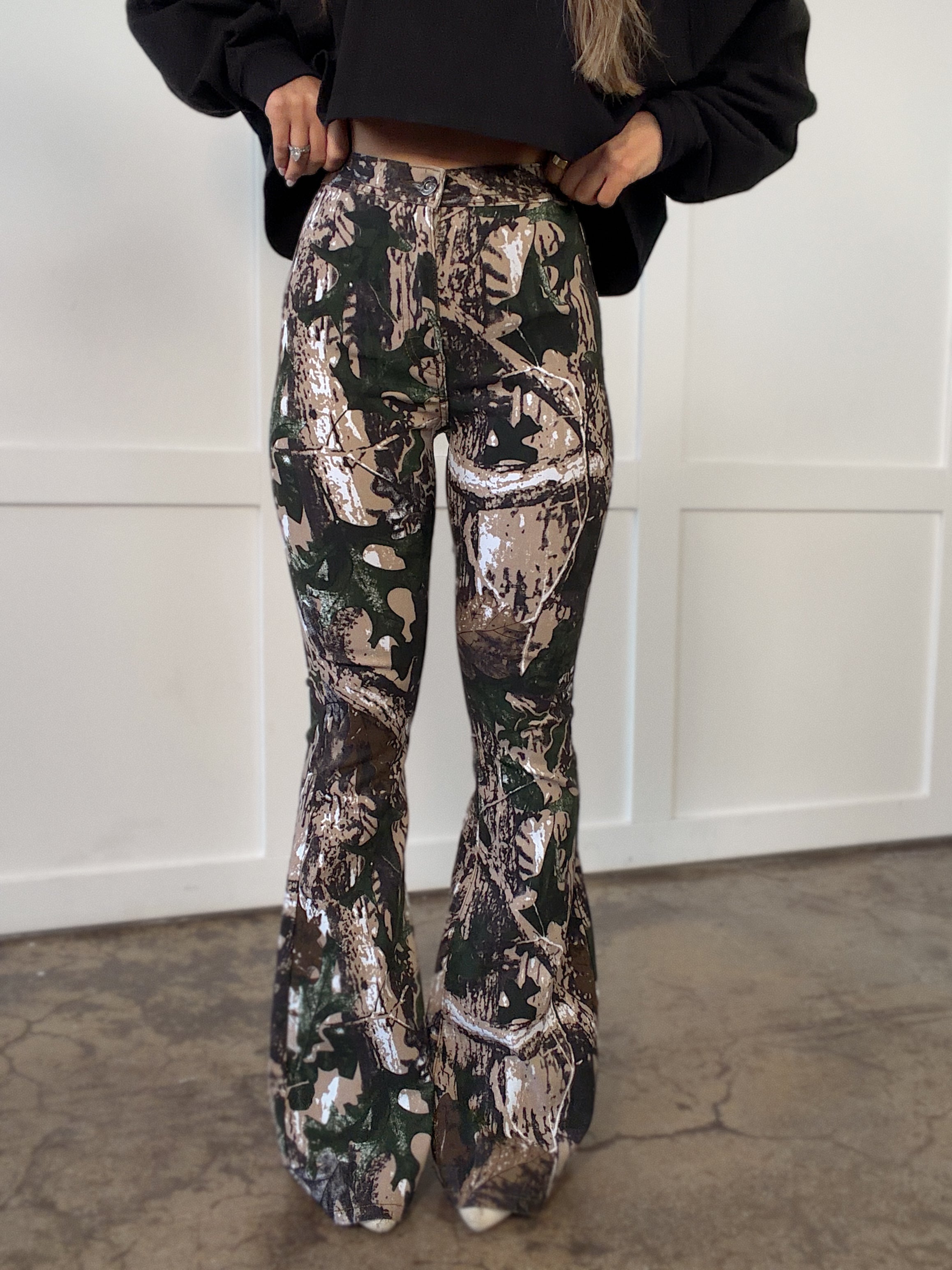 Fiona High Waisted Bell Bottom Flare Jeans - Woodland Green Camo