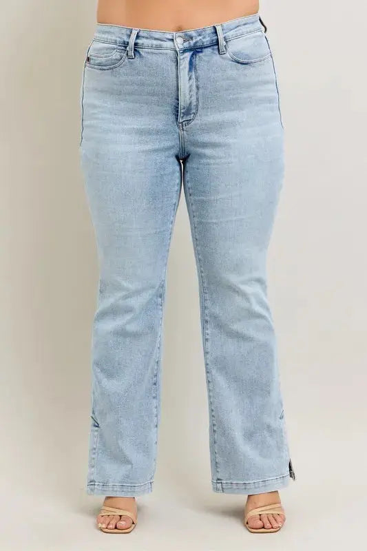 Judy Blue Full Size/Plus Size Tummy Control Vintage Wash Side Slit Slim Boot Jeans