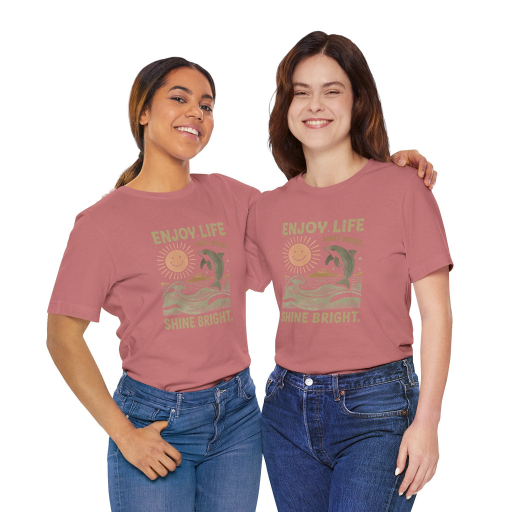 Enjoy Life Short Sleeve Tee - Retro Beach Vibes, Summer Style, Perfect Gift, Casual Wear, Dolphin Design, Fun Shirt