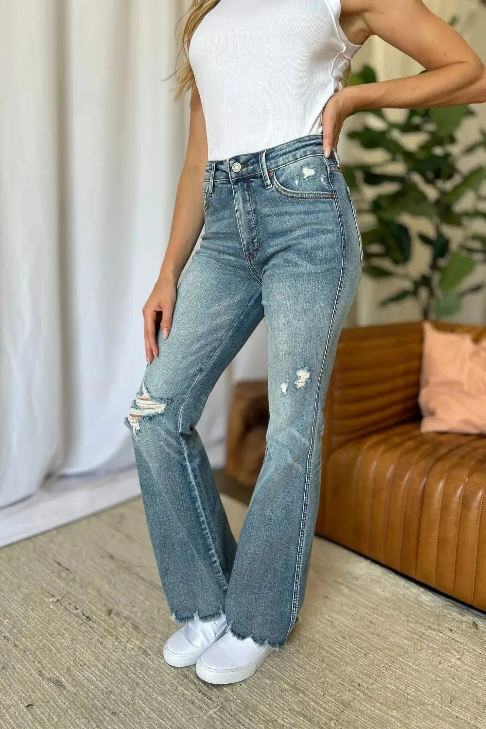 Plus Size Medium Rise Tummy Control Destroy Flare Judy Blue Jeans
