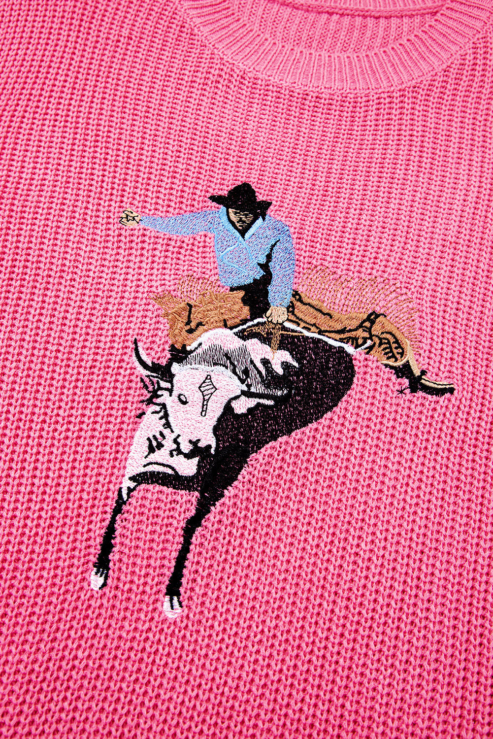 Bright Pink Western Cowboy Embroidery Round Neck Sleeveless Sweater