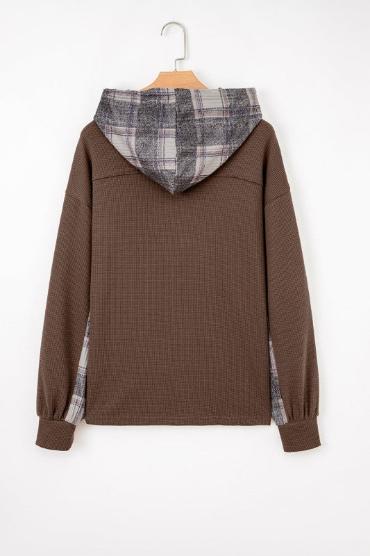 Plaid Patchwork Button-Up Drawstring Hooded Shacket