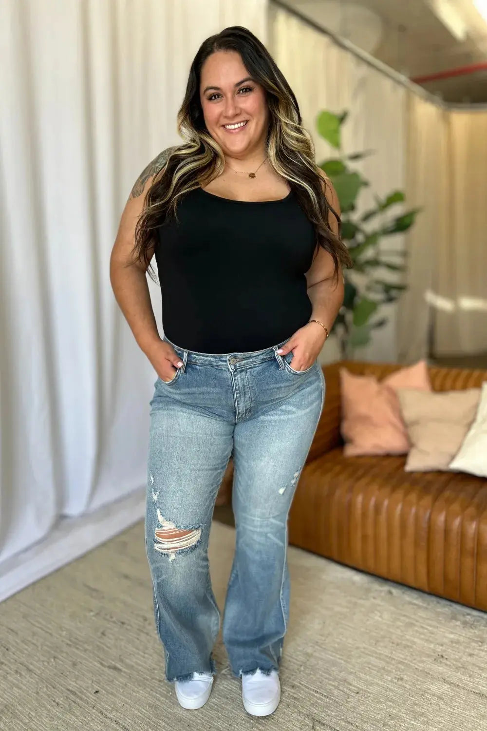 Plus Size Medium Rise Tummy Control Destroy Flare Judy Blue Jeans
