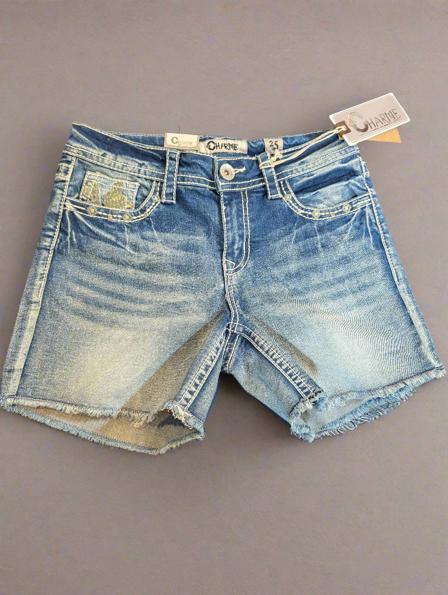 Charme Cactus Embroidered Mid Rise Jean Shorts