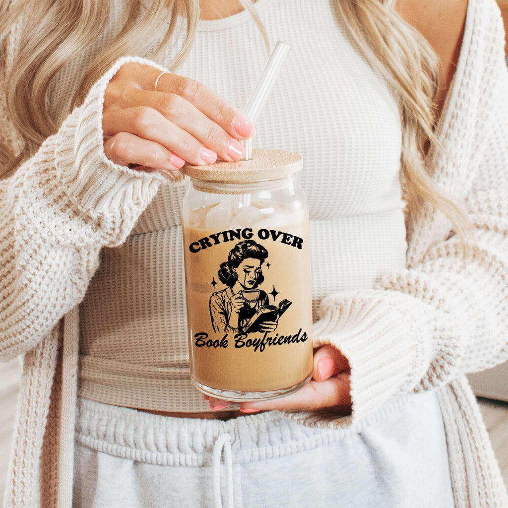 Crying Over Book Boyfriend Glass Cup, Mug & Tumbler with Lid and Straw