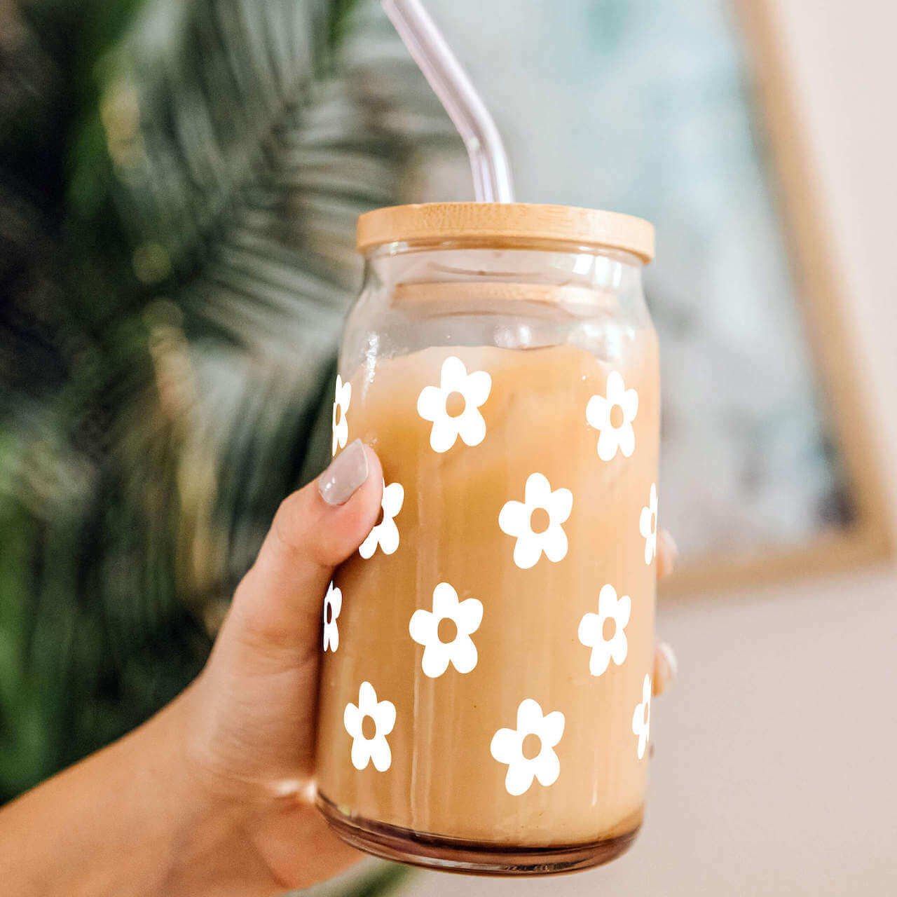 Cute Daisy Glass Cup, Mug & Tumbler with Lid and Straw