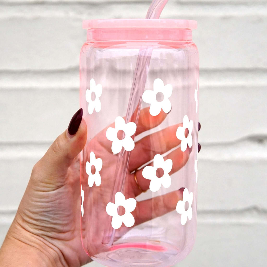 Cute Daisy Glass Cup, Mug & Tumbler with Lid and Straw