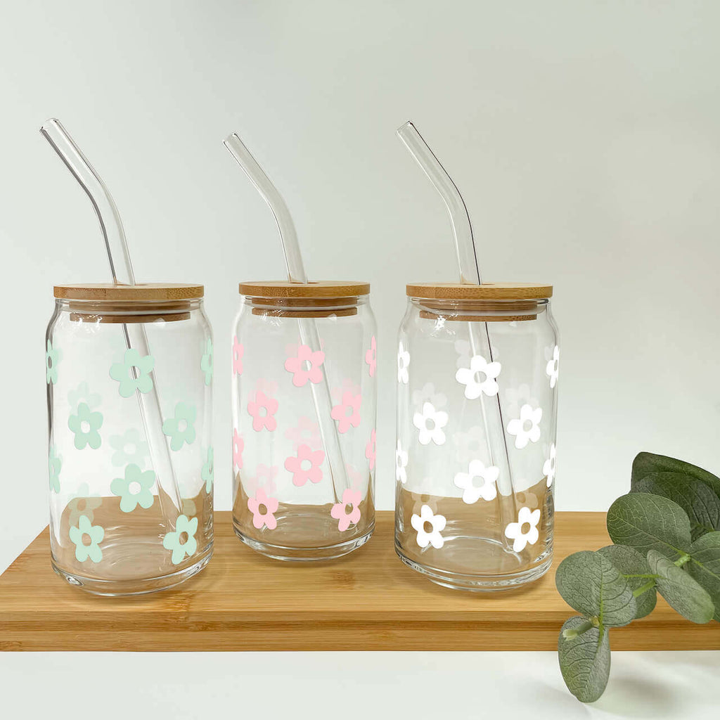 Cute Daisy Glass Cup, Mug & Tumbler with Lid and Straw