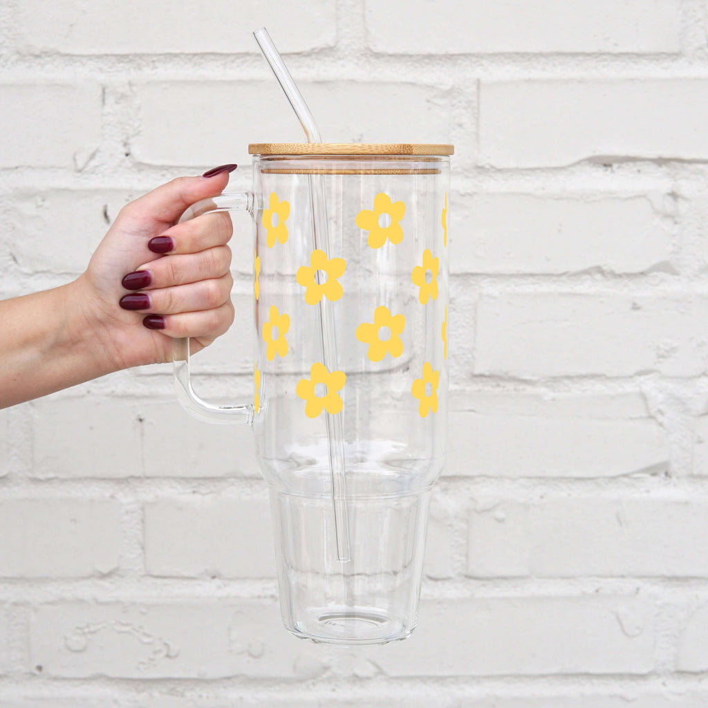 Cute Daisy Glass Cup, Mug & Tumbler with Lid and Straw