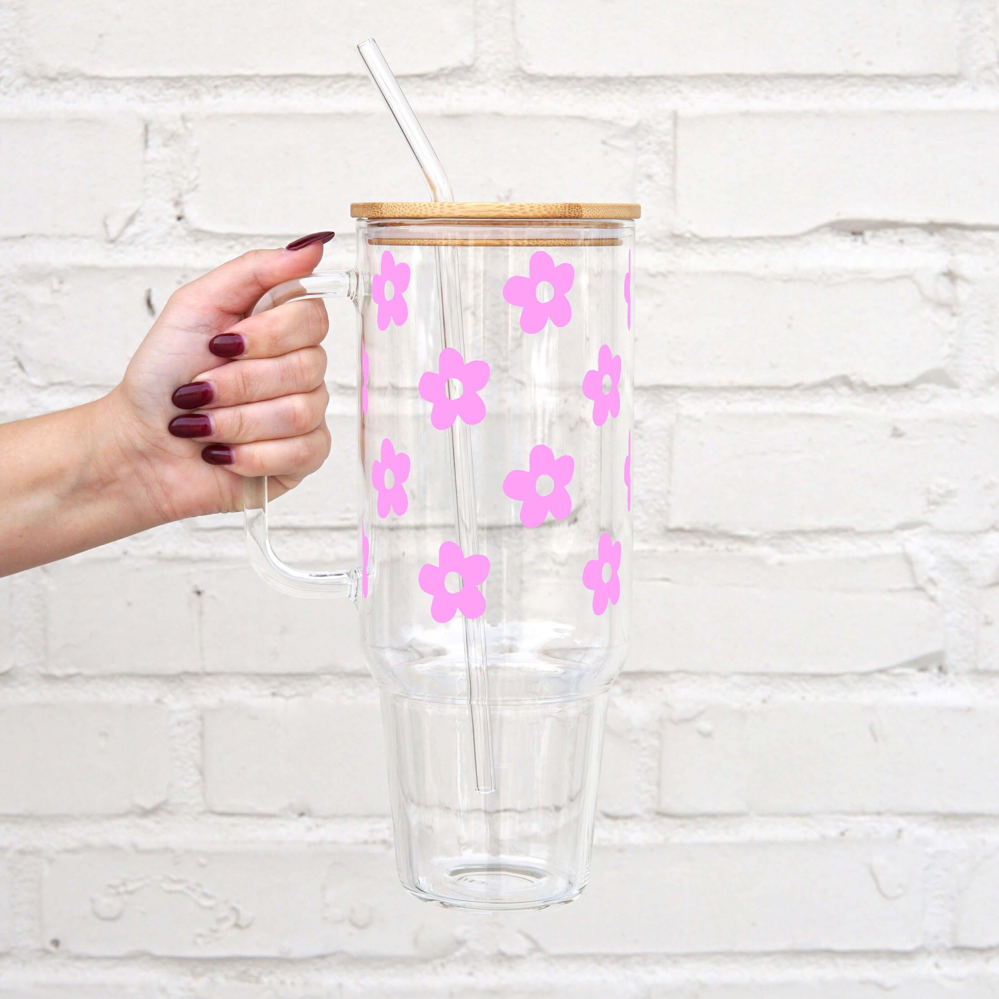 Cute Daisy Glass Cup, Mug & Tumbler with Lid and Straw