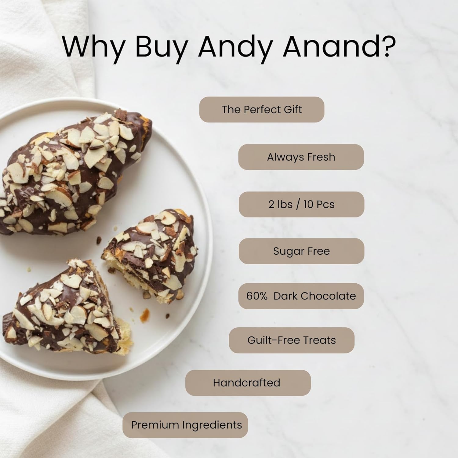 Andy Anand Sugar Free Dark Chocolate Almond Croissants Cake, 10 Pcs - 2 lbs. Handcrafted Guilt-Free Treats with Rich Chocolate Filling Inside and Crunchy Toasted Almond Topping