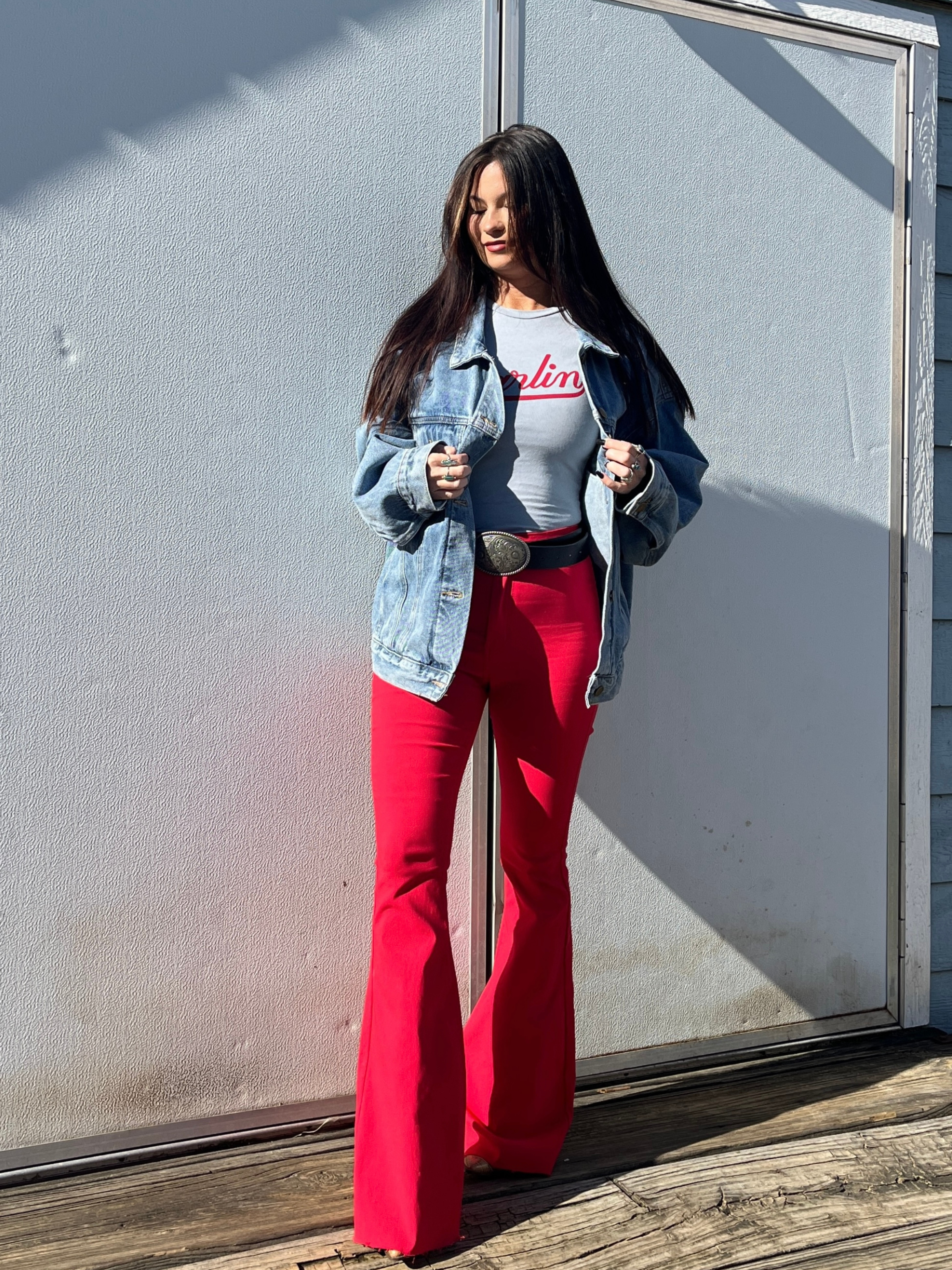 Fiona High Waisted Bell Bottom Flare Jeans - Red