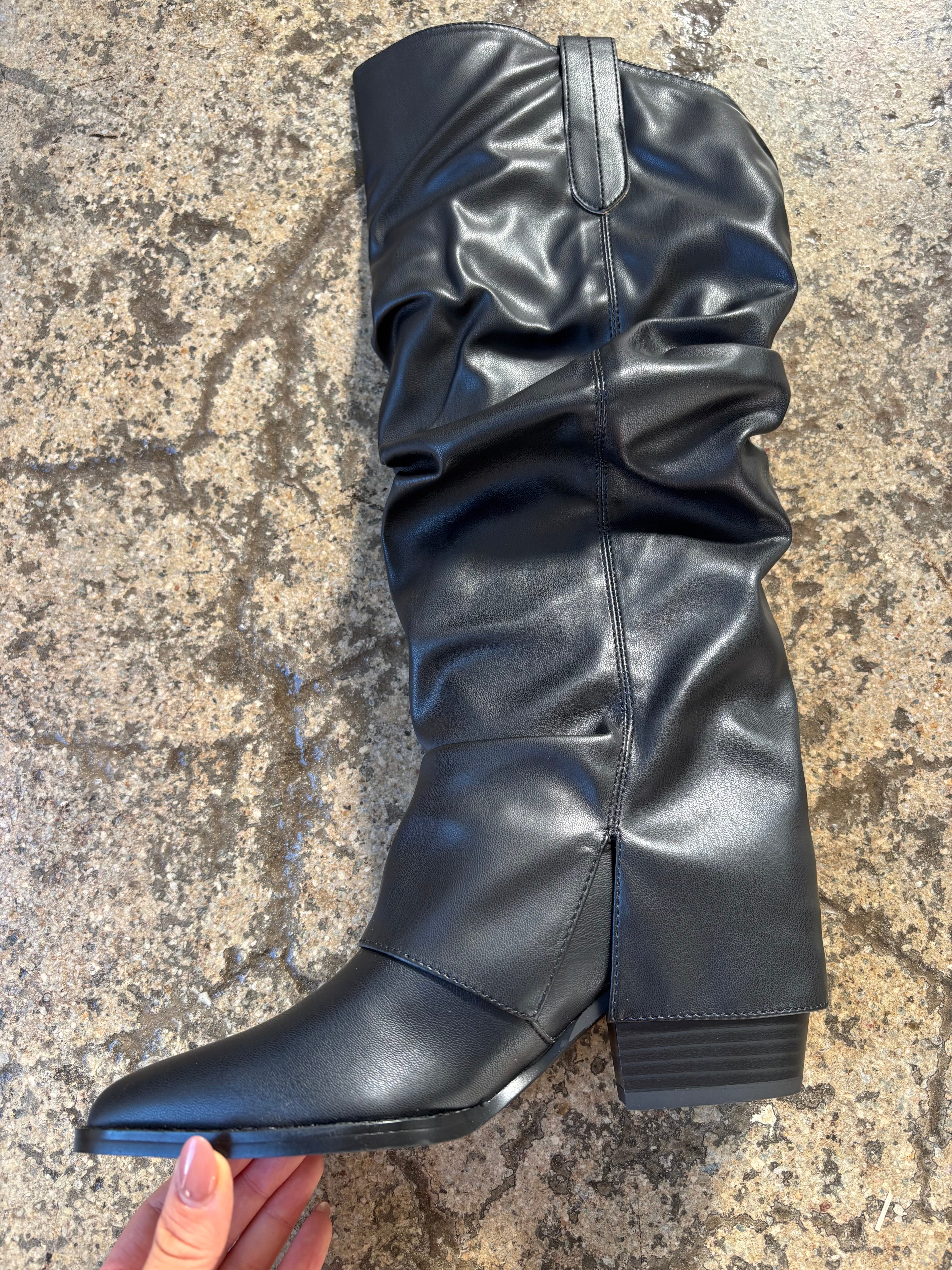 Thea Mid-Calf Faux Leather Black Slouchy Heeled Boot