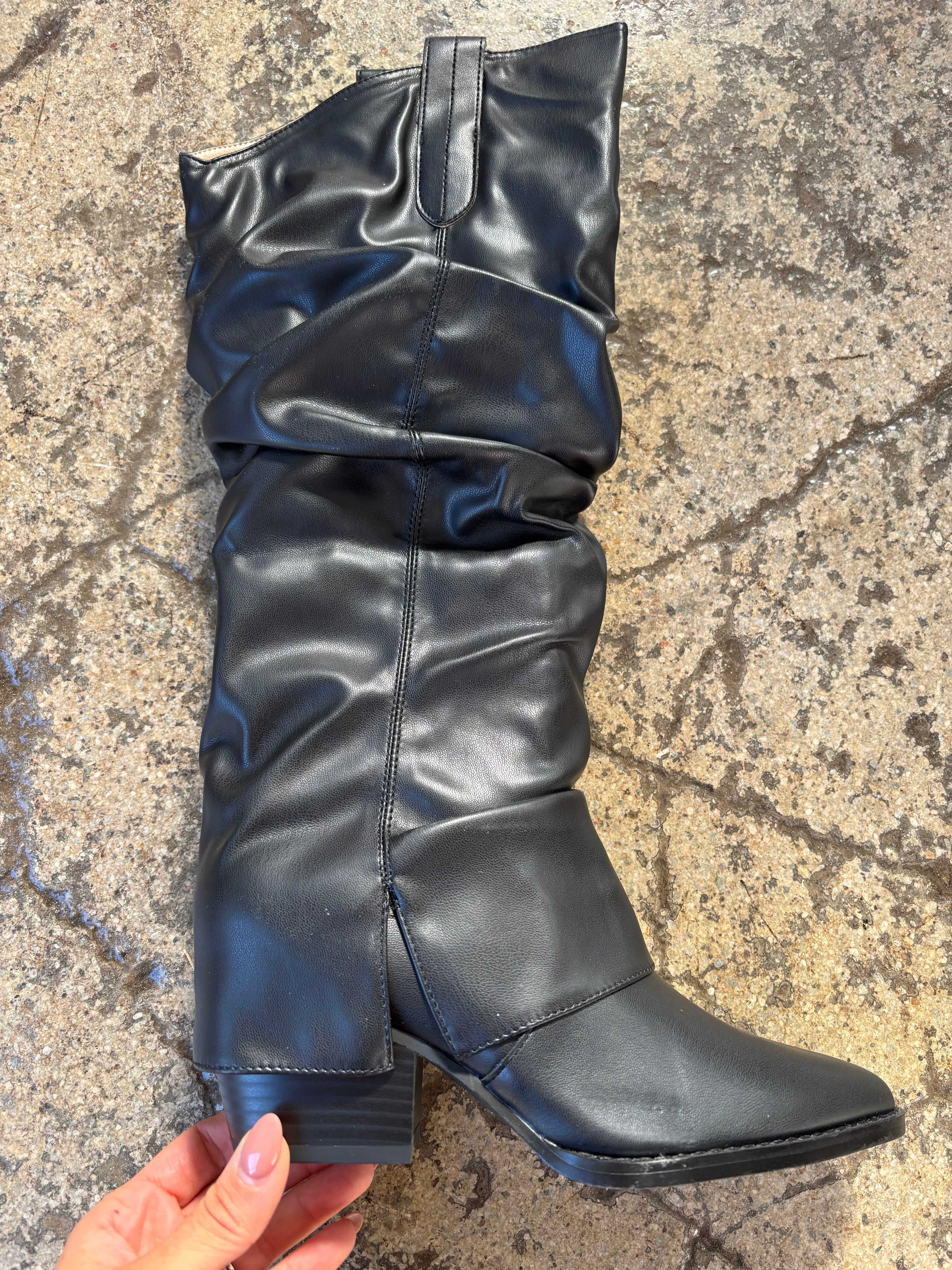 Thea Mid-Calf Faux Leather Black Slouchy Heeled Boot