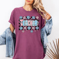 Teacher, Checkered, Retro, Floral, Back to School, First Day of School, Cute, Teacher Appreciation, Coquette, Comfort Colors T-Shirt