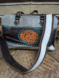 Myra Turquoise Edges Hand-Tooled Purse – Genuine Cowhide | One-of-a-Kind