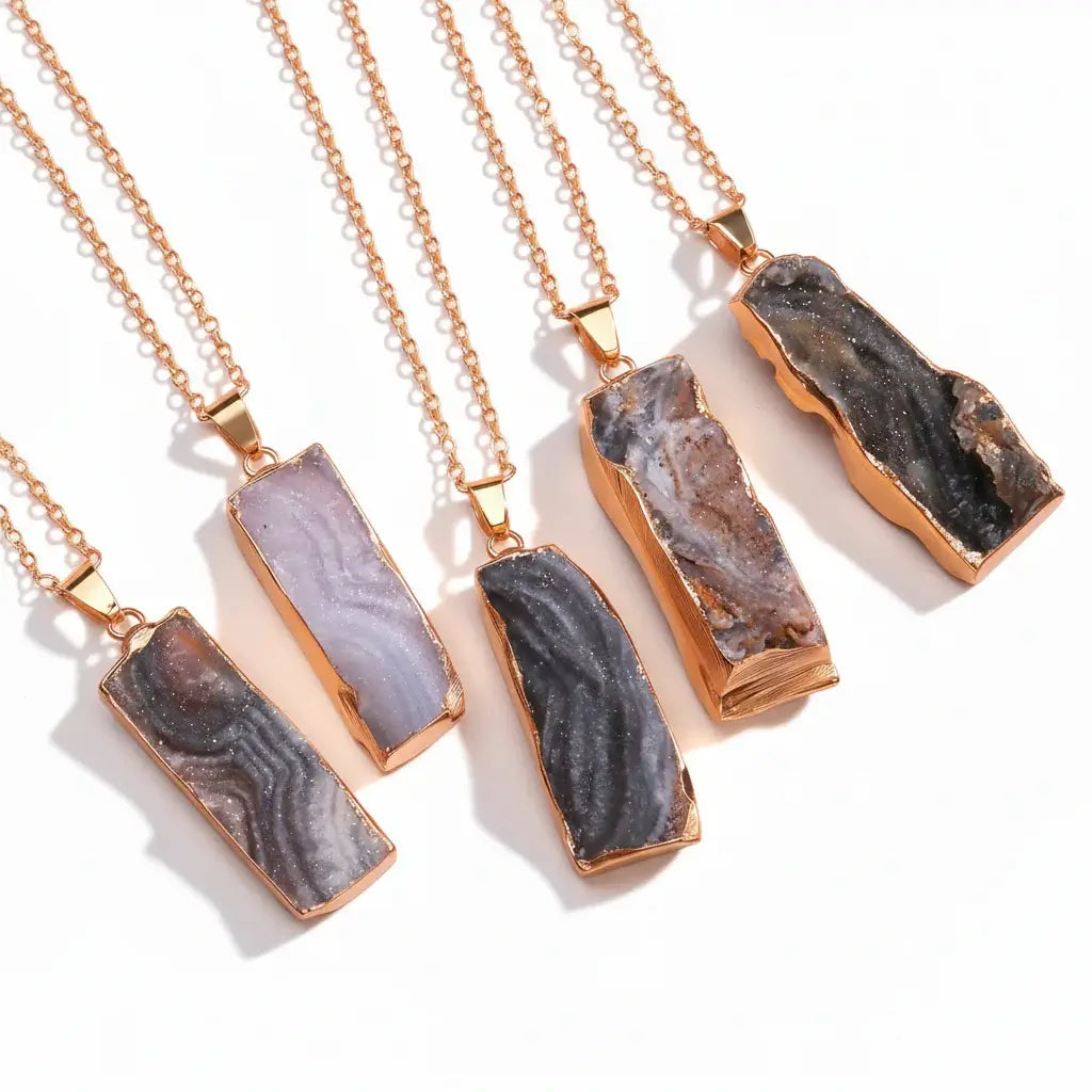 Natural Galaxy Stone Necklace Irregular Purple Crystal Long Bar Pendant