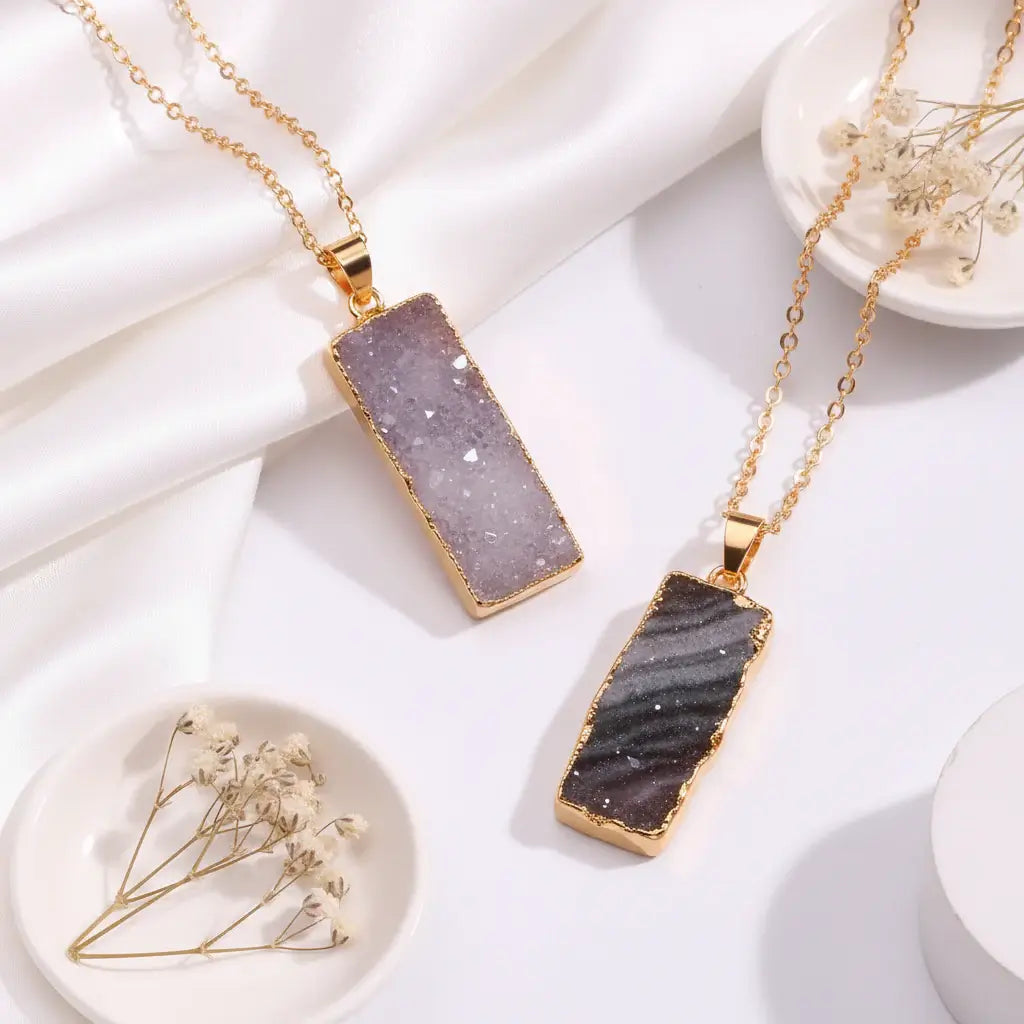Natural Galaxy Stone Necklace Irregular Purple Crystal Long Bar Pendant