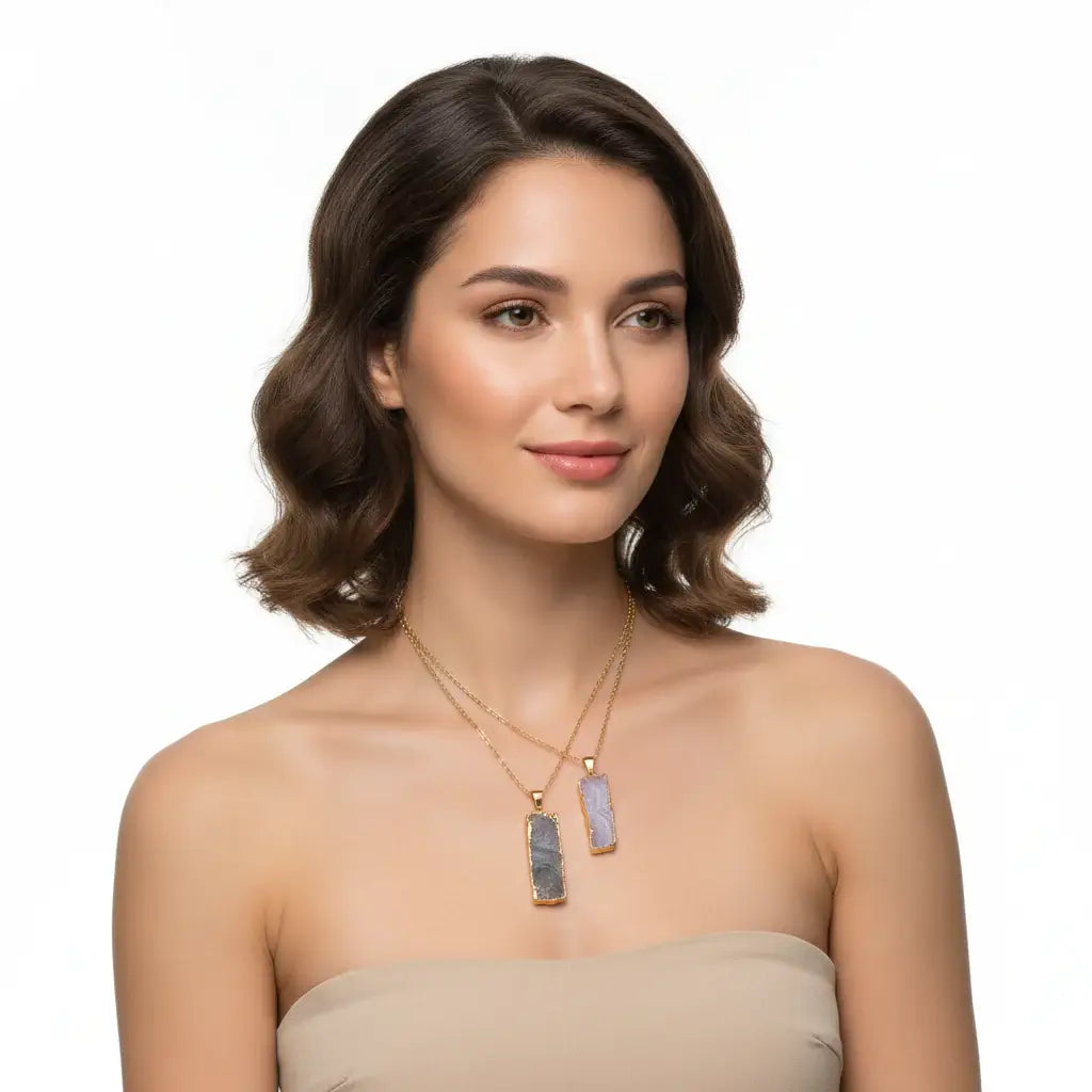 Natural Galaxy Stone Necklace Irregular Purple Crystal Long Bar Pendant
