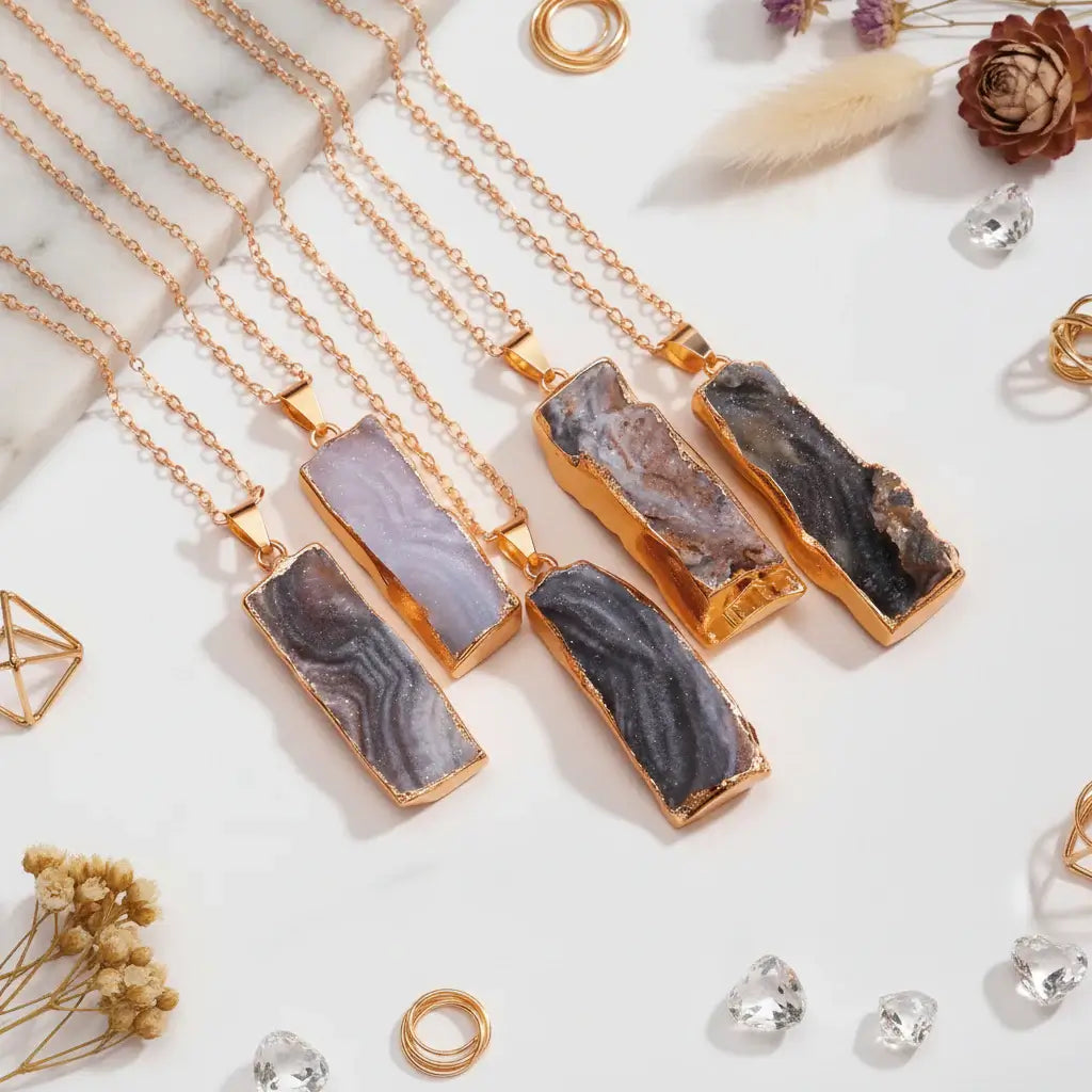 Natural Galaxy Stone Necklace Irregular Purple Crystal Long Bar Pendant