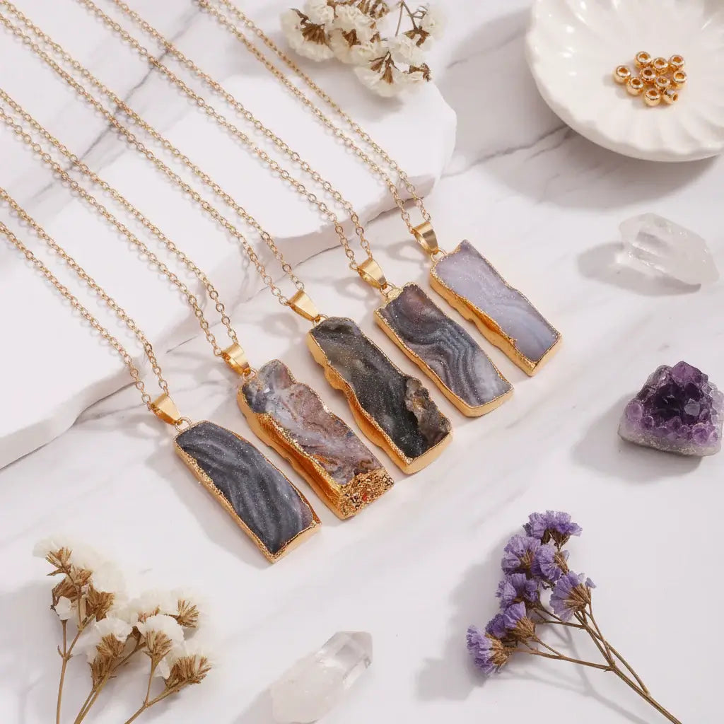 Natural Galaxy Stone Necklace Irregular Purple Crystal Long Bar Pendant