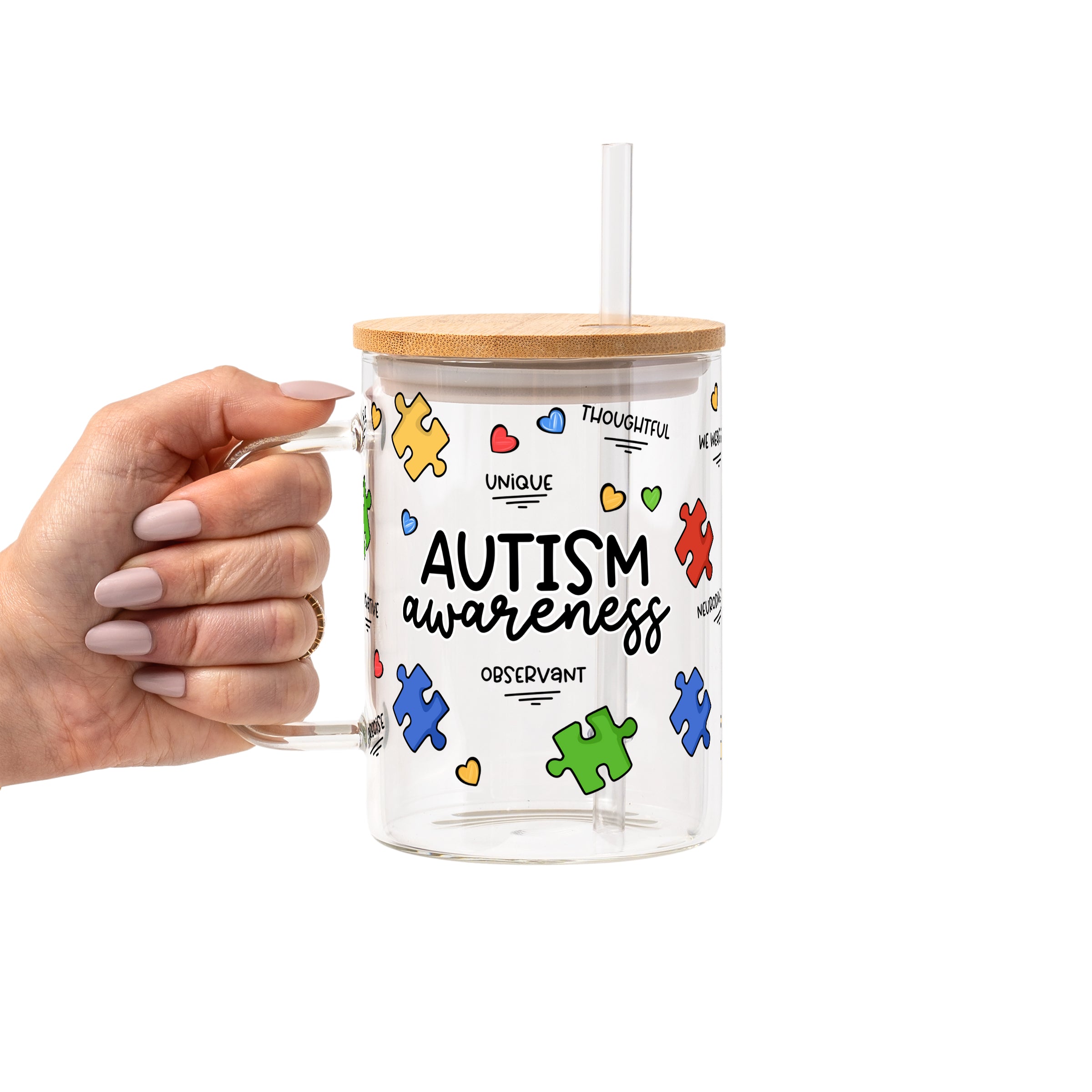 Autism Awareness Puzzle Piece Glass Cup, Mug & Tumbler with Lid and Straw