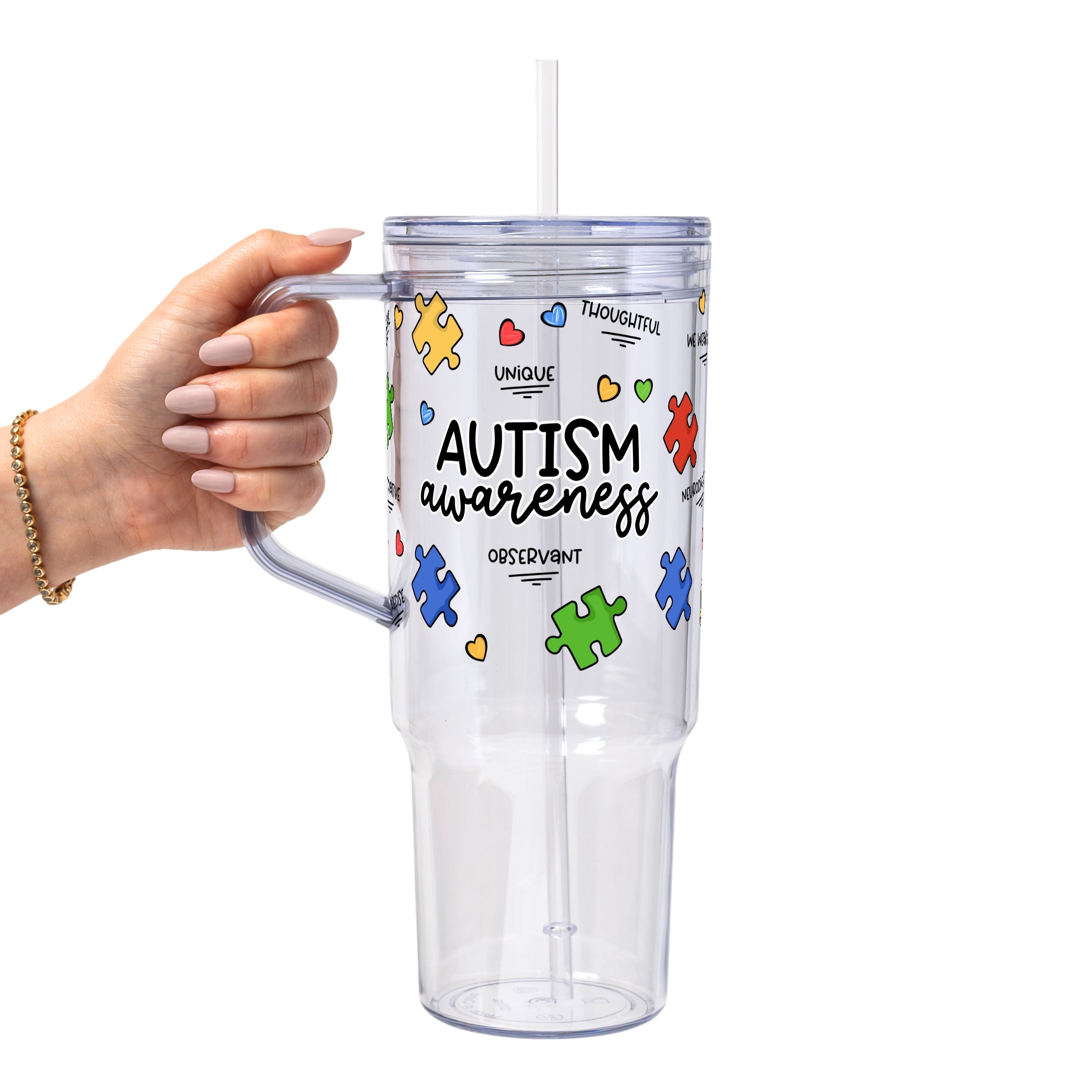 Autism Awareness Puzzle Piece Glass Cup, Mug & Tumbler with Lid and Straw