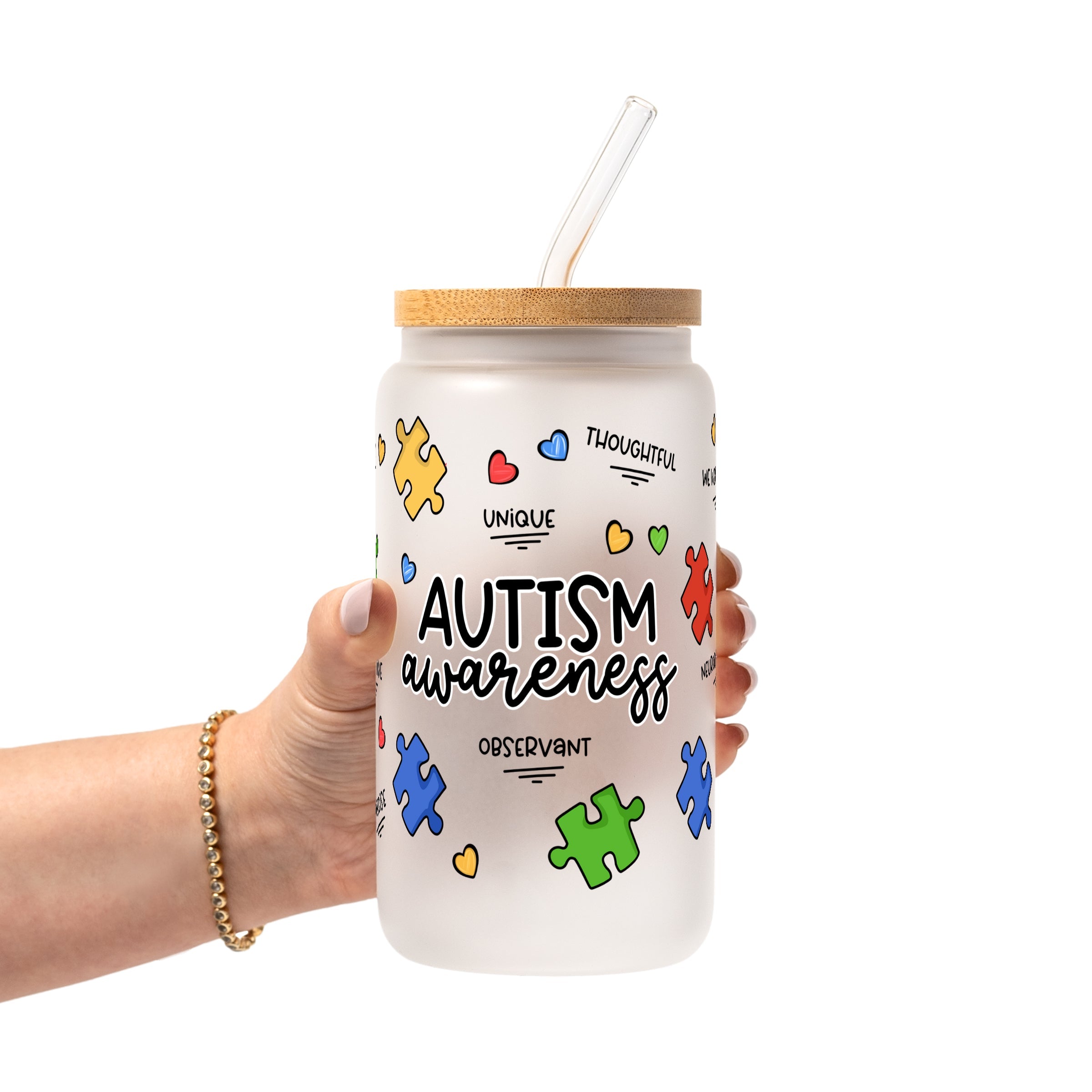 Autism Awareness Puzzle Piece Glass Cup, Mug & Tumbler with Lid and Straw