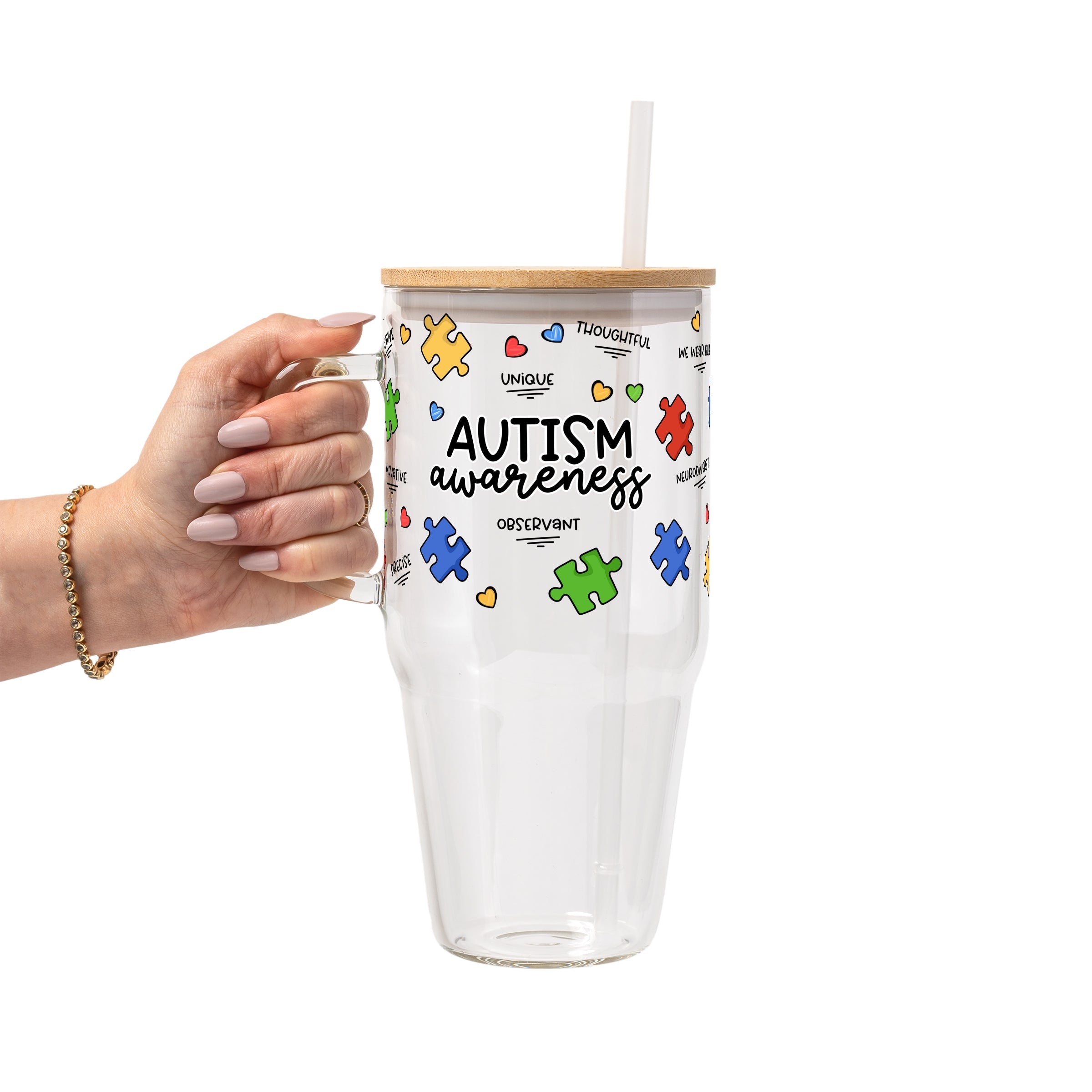 Autism Awareness Puzzle Piece Glass Cup, Mug & Tumbler with Lid and Straw