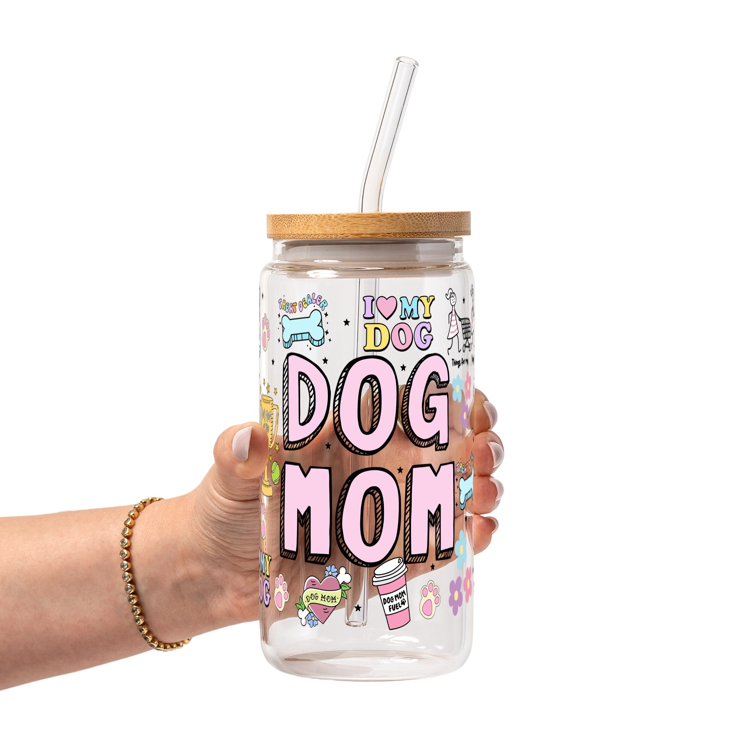 Dog Mom Doodles Glass Cup, Mug & Tumbler with Lid and Straw