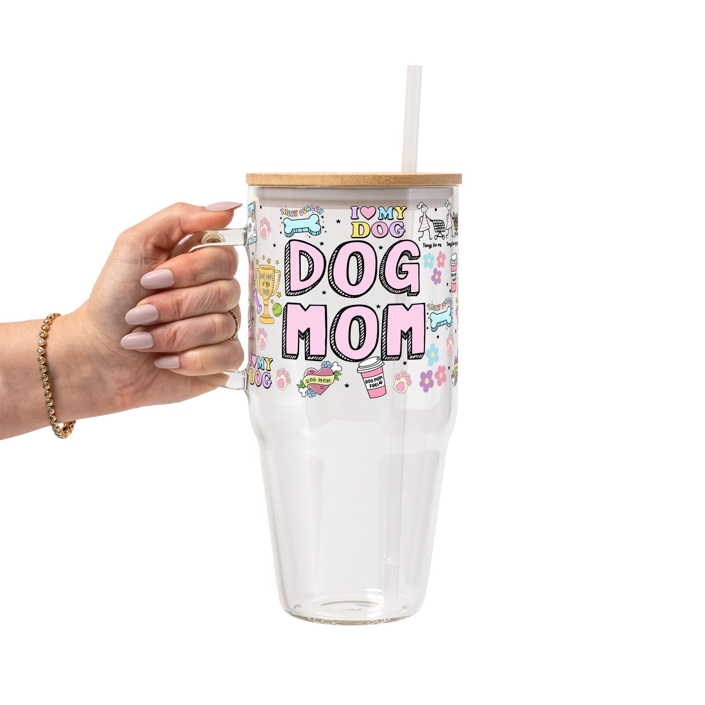 Dog Mom Doodles Glass Cup, Mug & Tumbler with Lid and Straw