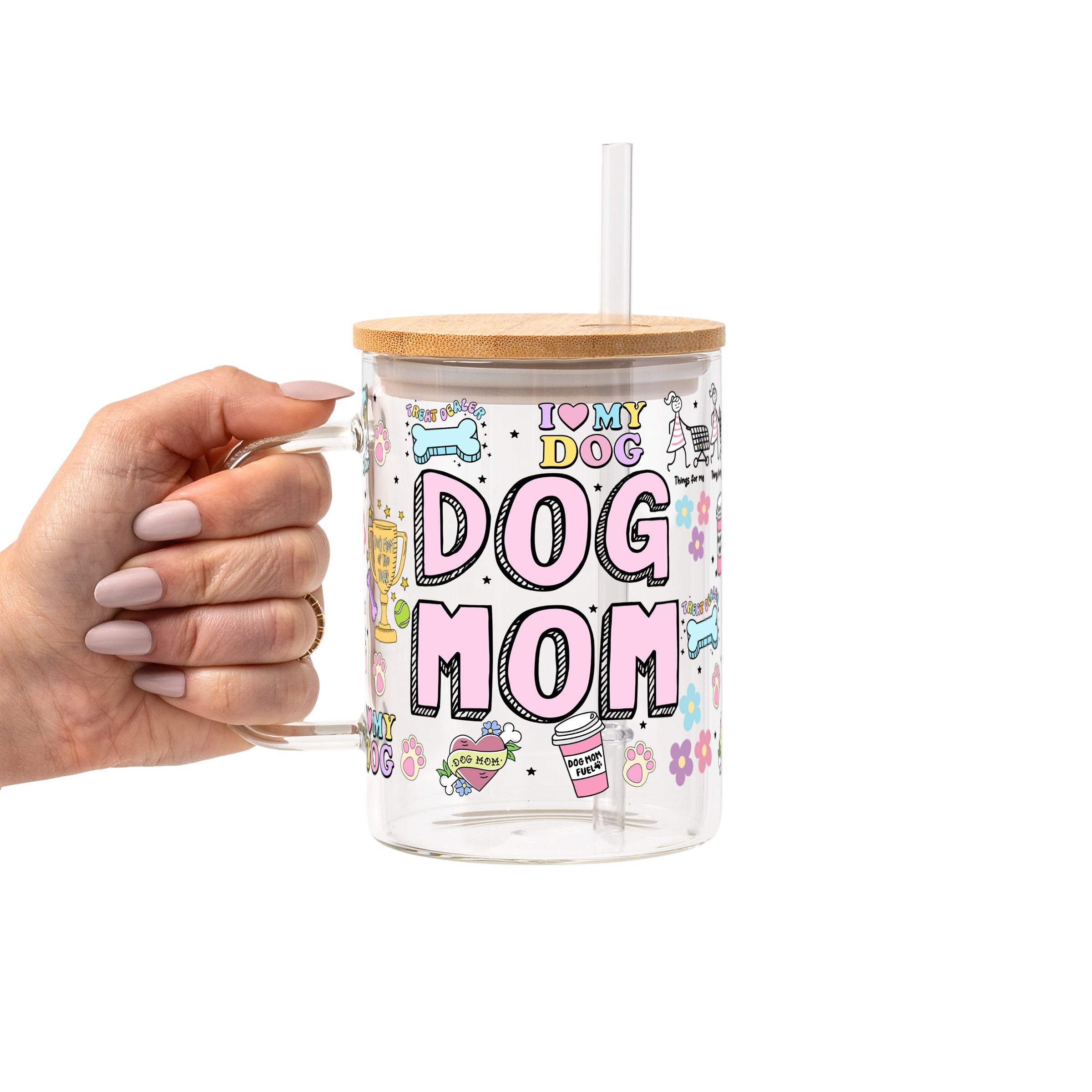 Dog Mom Doodles Glass Cup, Mug & Tumbler with Lid and Straw