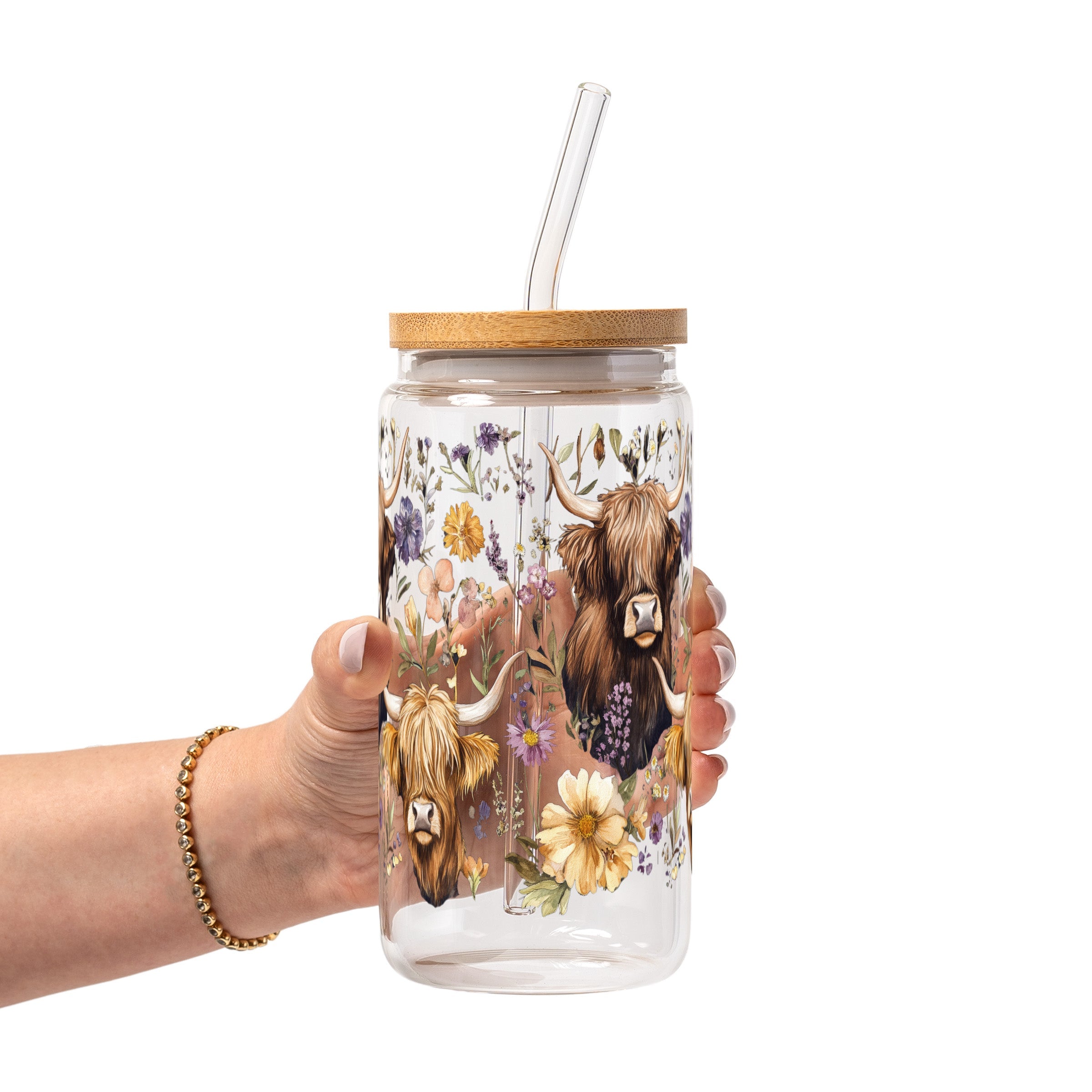 Wildflower Highland Cow Glass Cup, Mug & Tumbler with Lid and Straw