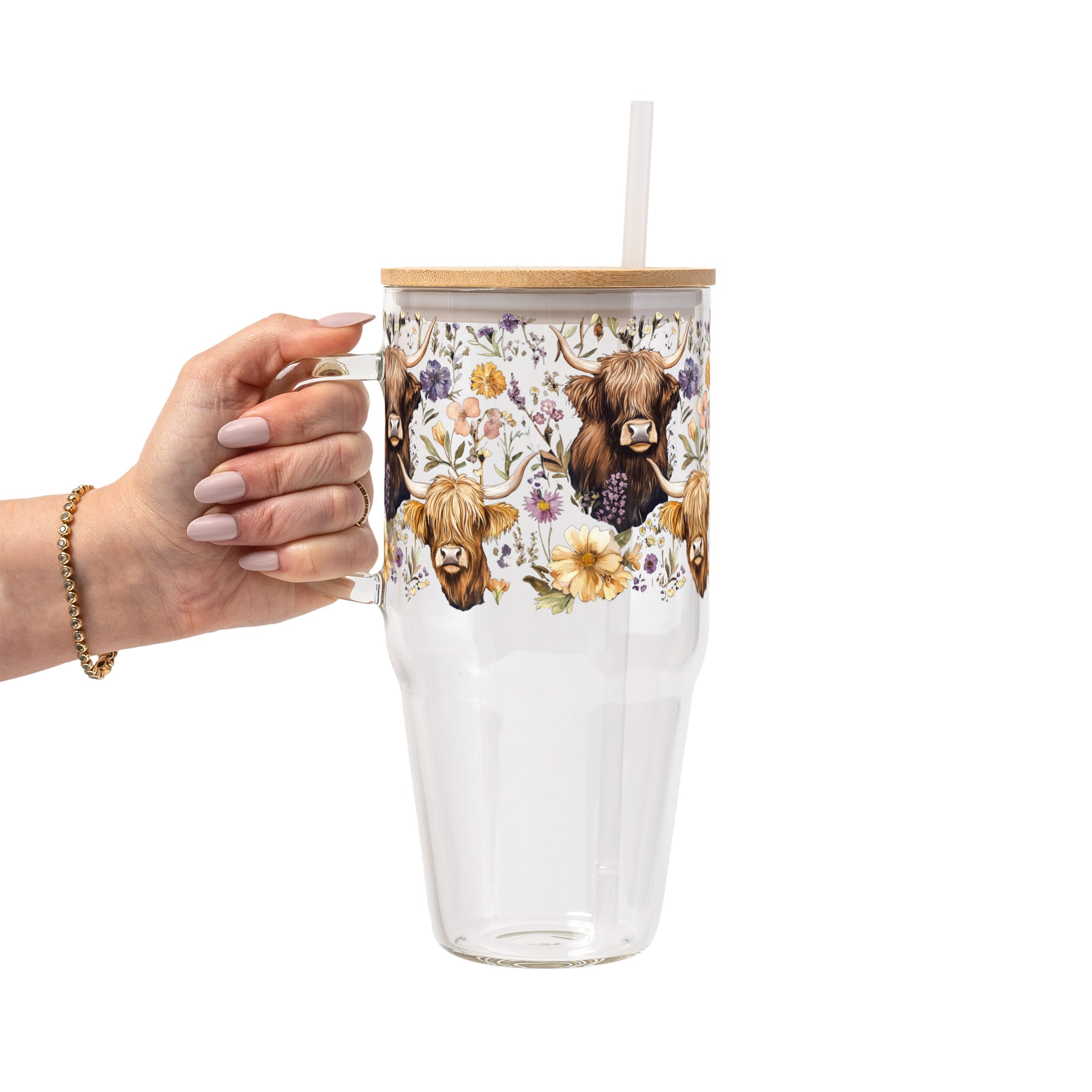 Wildflower Highland Cow Glass Cup, Mug & Tumbler with Lid and Straw