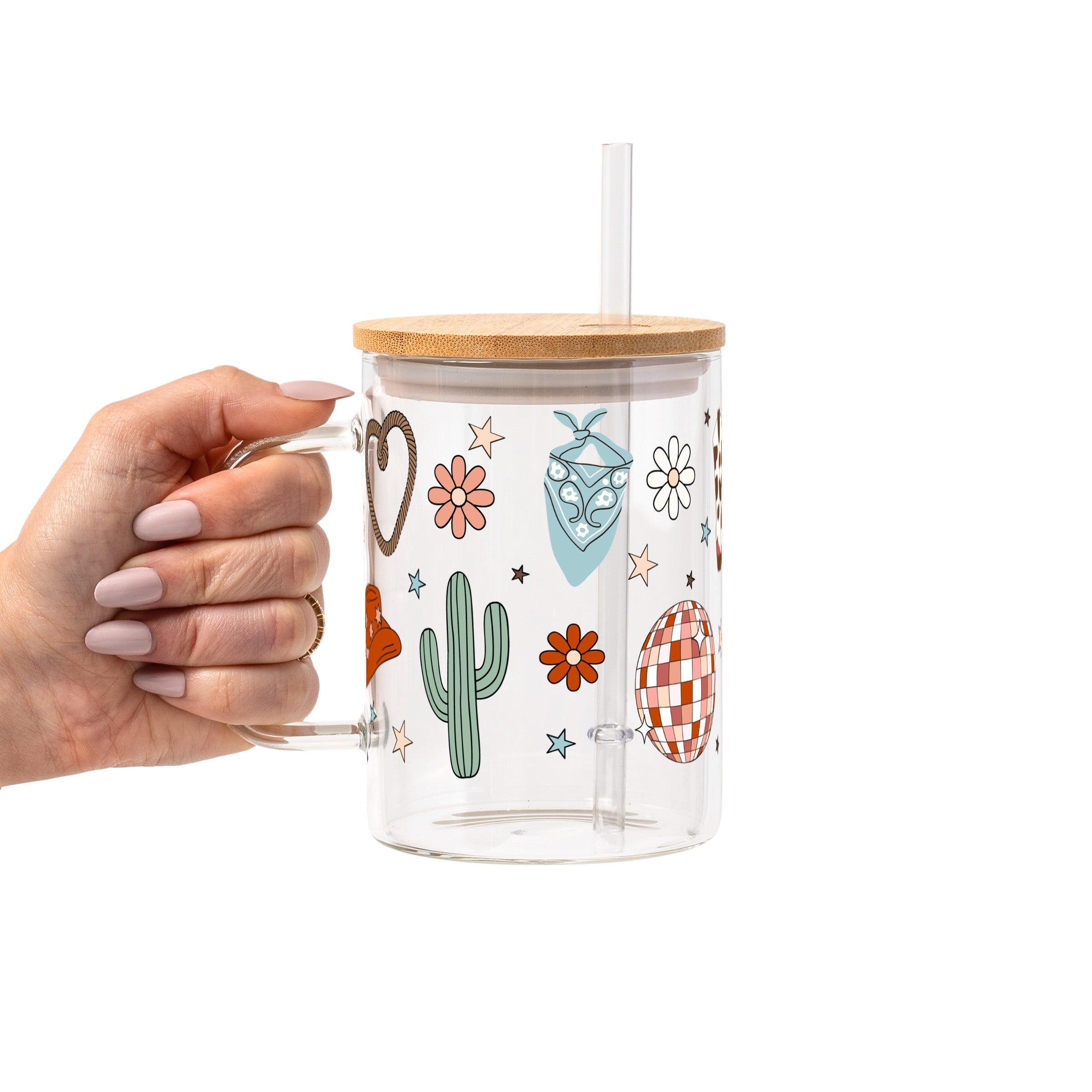 Cute Western Disco Glass Cup, Mug & Tumbler with Lid and Straw